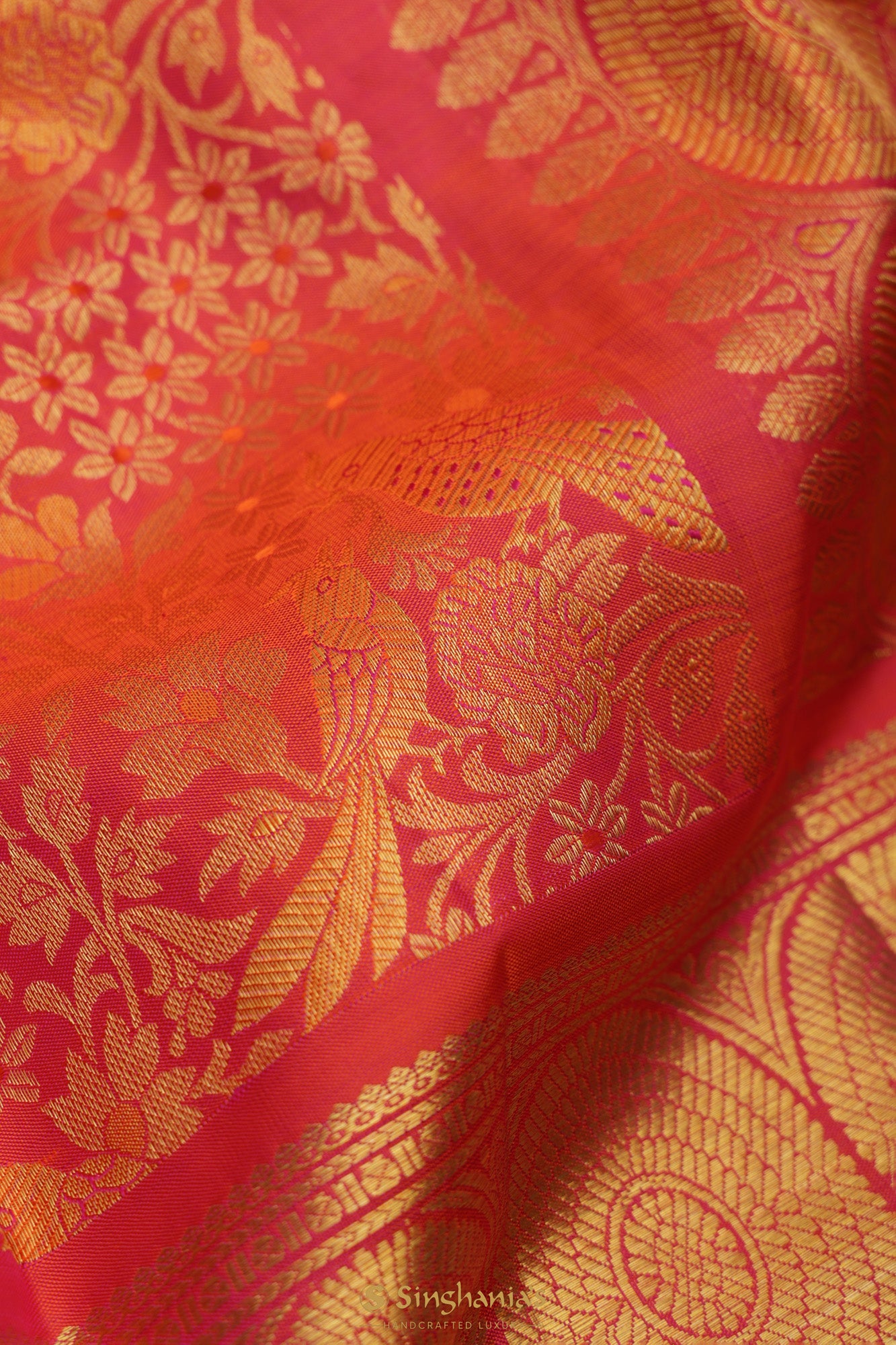 Poppy Red Kanjivaram Silk Saree With Floral-Bird Weaving