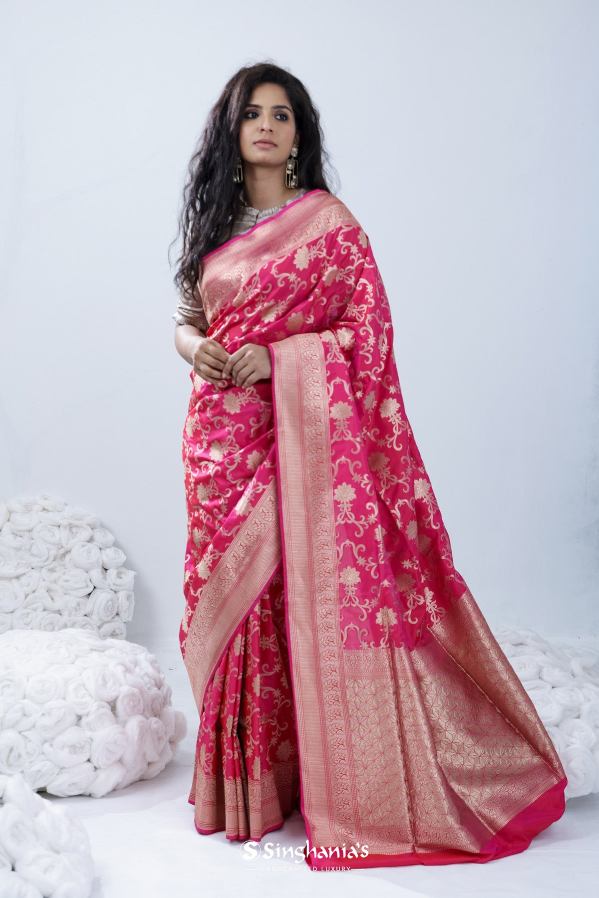 French Pink Banarasi Silk Saree With Floral Jaal Design