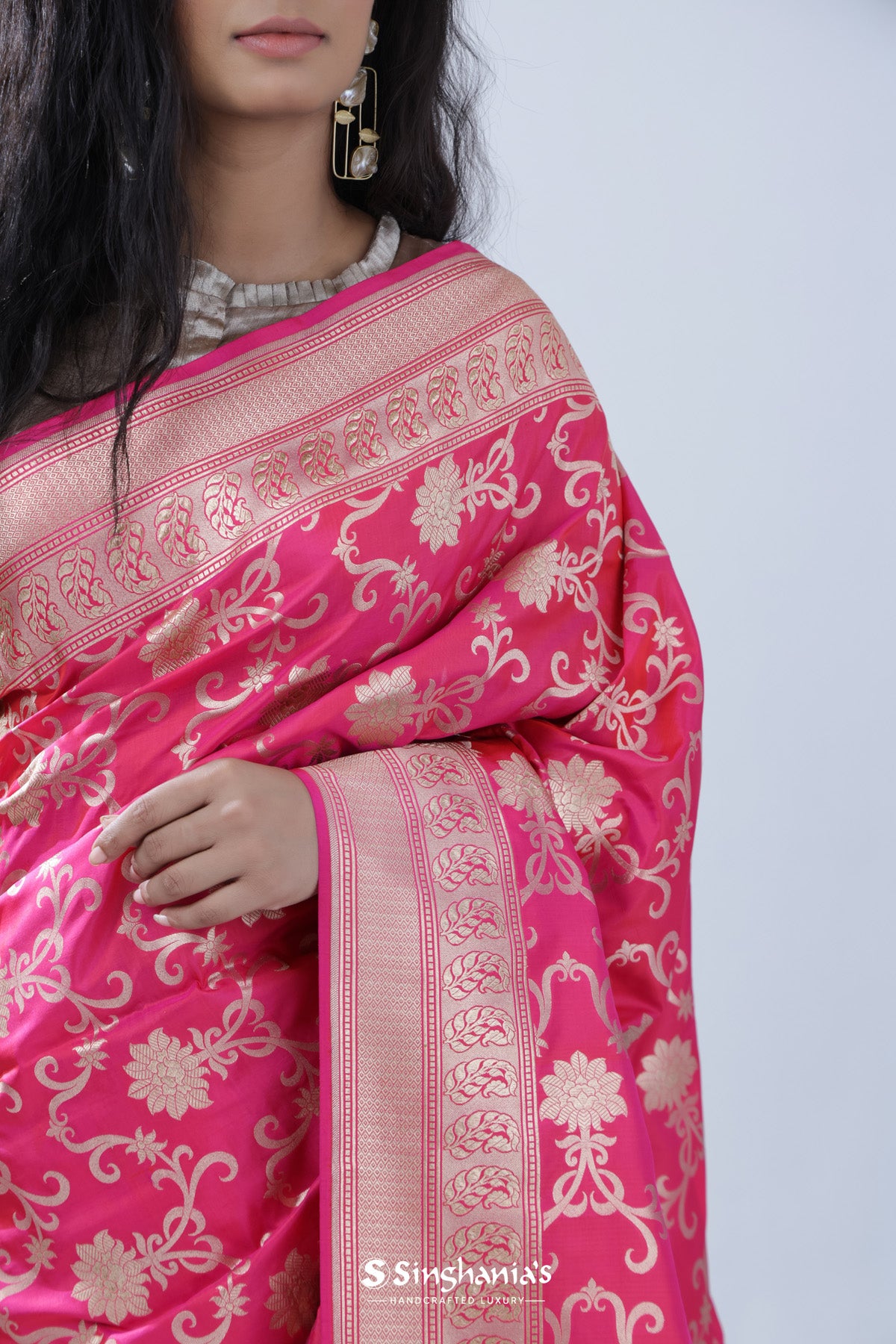 French Pink Banarasi Silk Saree With Floral Jaal Design