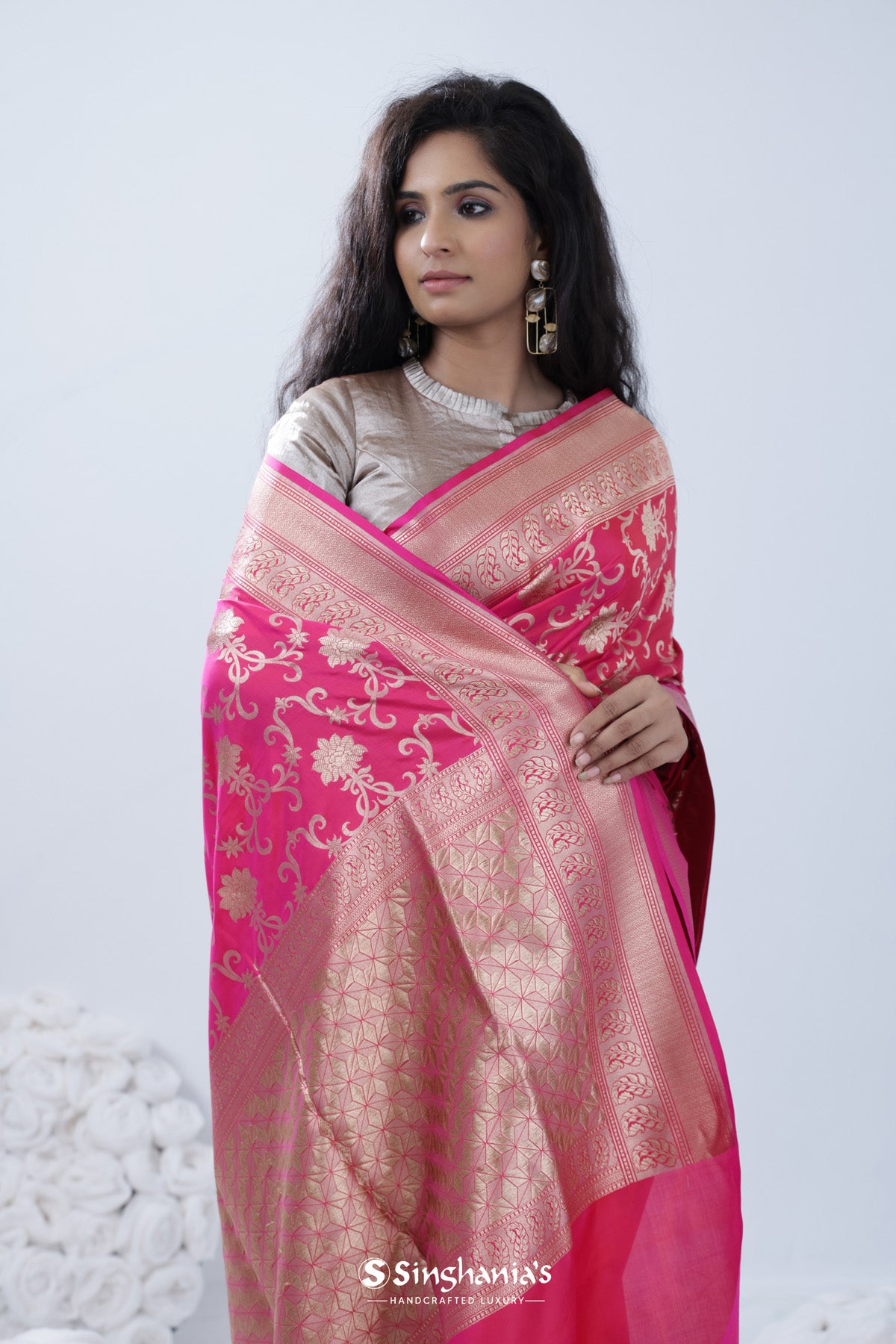 French Pink Banarasi Silk Saree With Floral Jaal Design