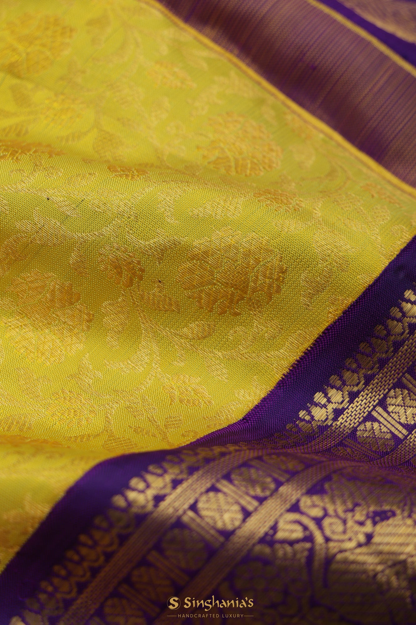 Lemon Yellow Kanjivaram Silk Saree With Floral Jaal Weaving