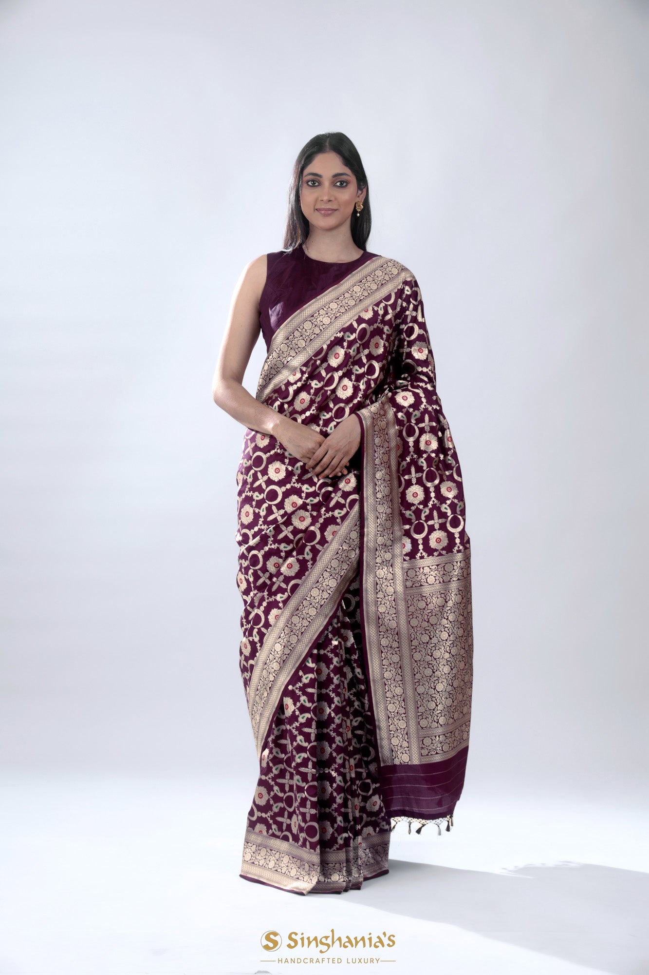 Deep Brown Katan Banarasi Silk Saree With Floral Jaal Weaving