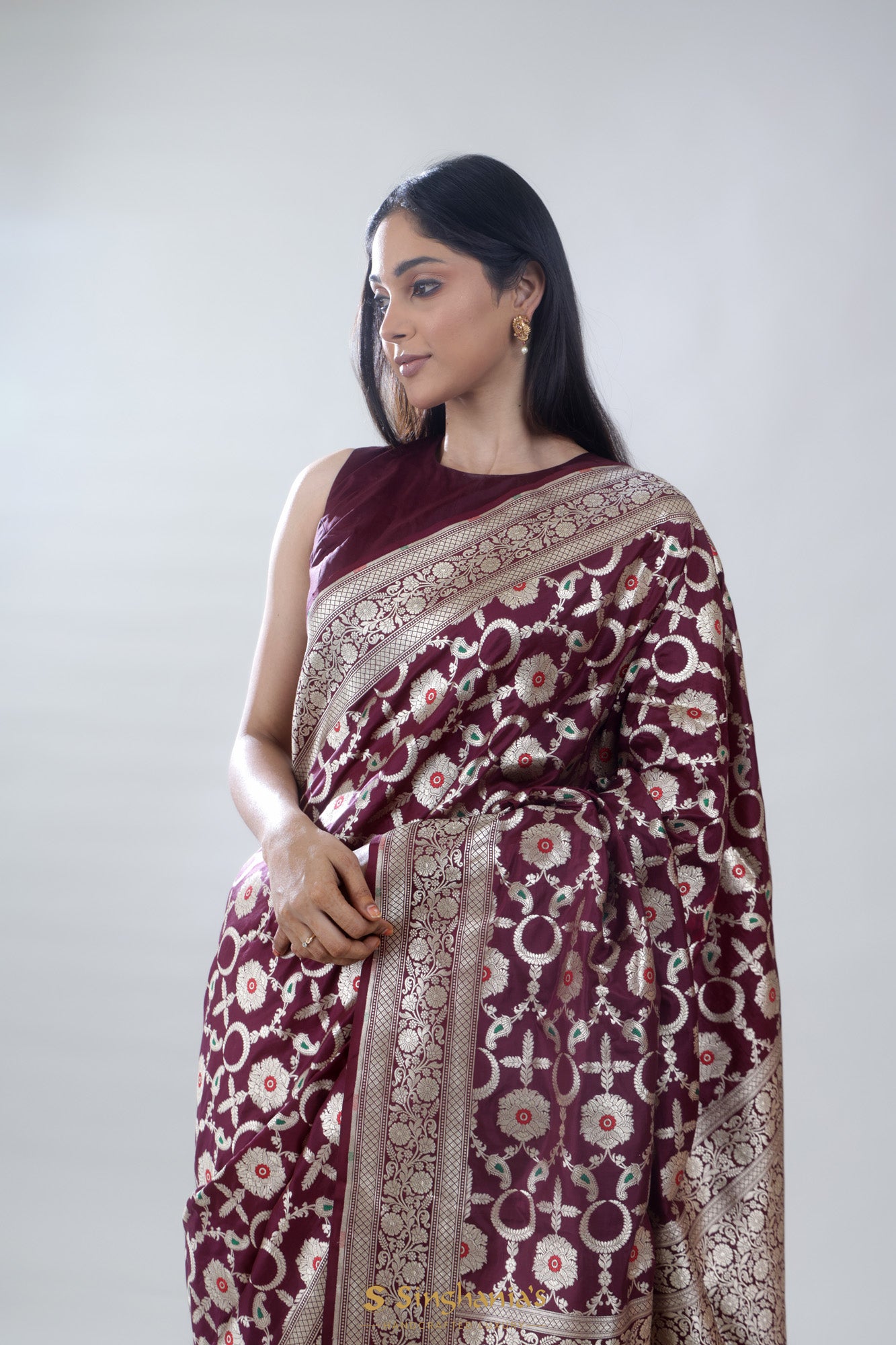 Deep Brown Katan Banarasi Silk Saree With Floral Jaal Weaving