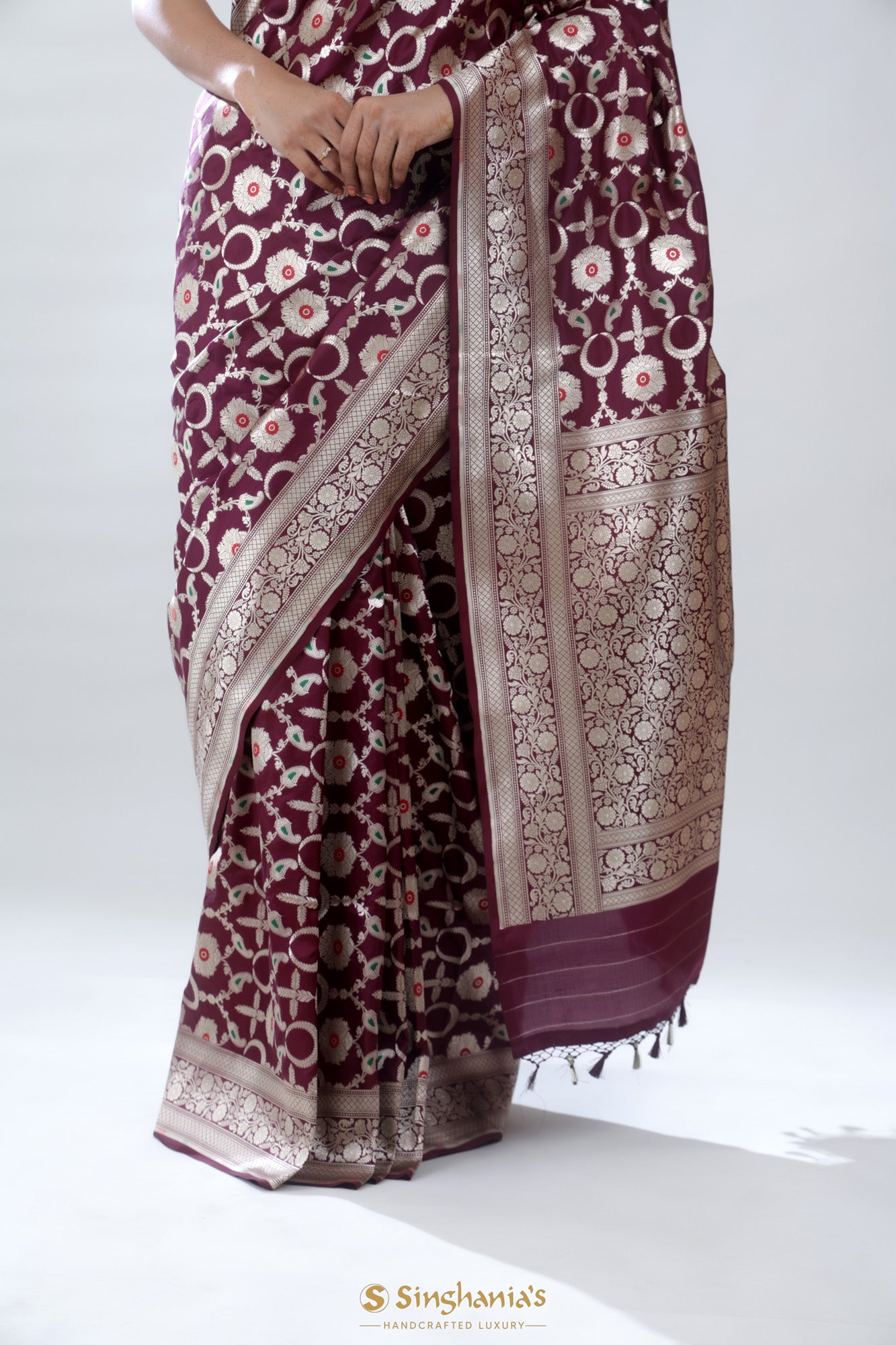 Deep Brown Katan Banarasi Silk Saree With Floral Jaal Weaving