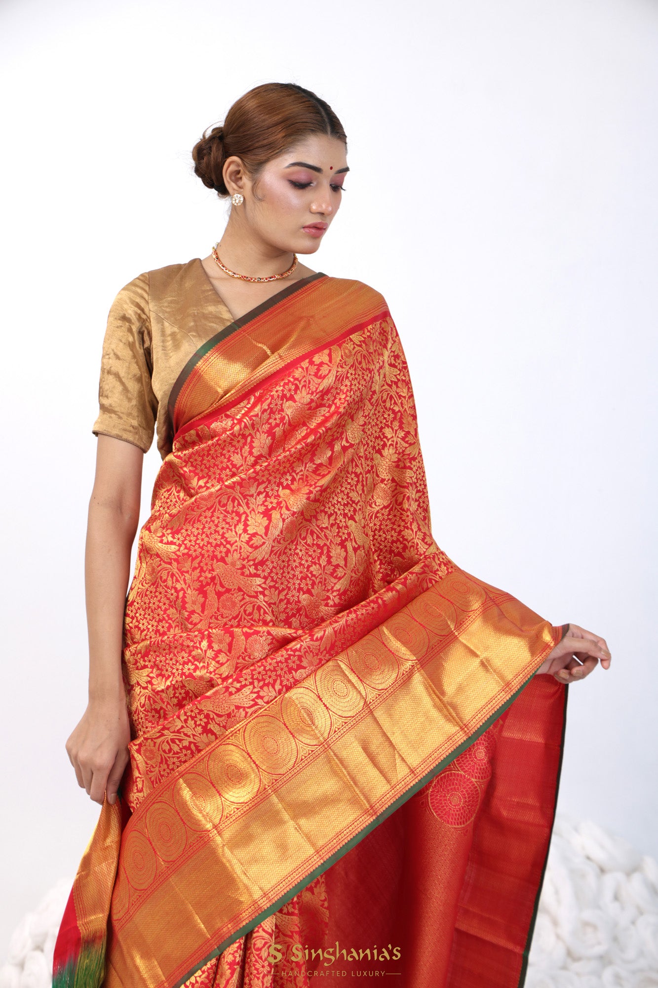 Bright Red Kanjivaram Silk Saree With Big Border