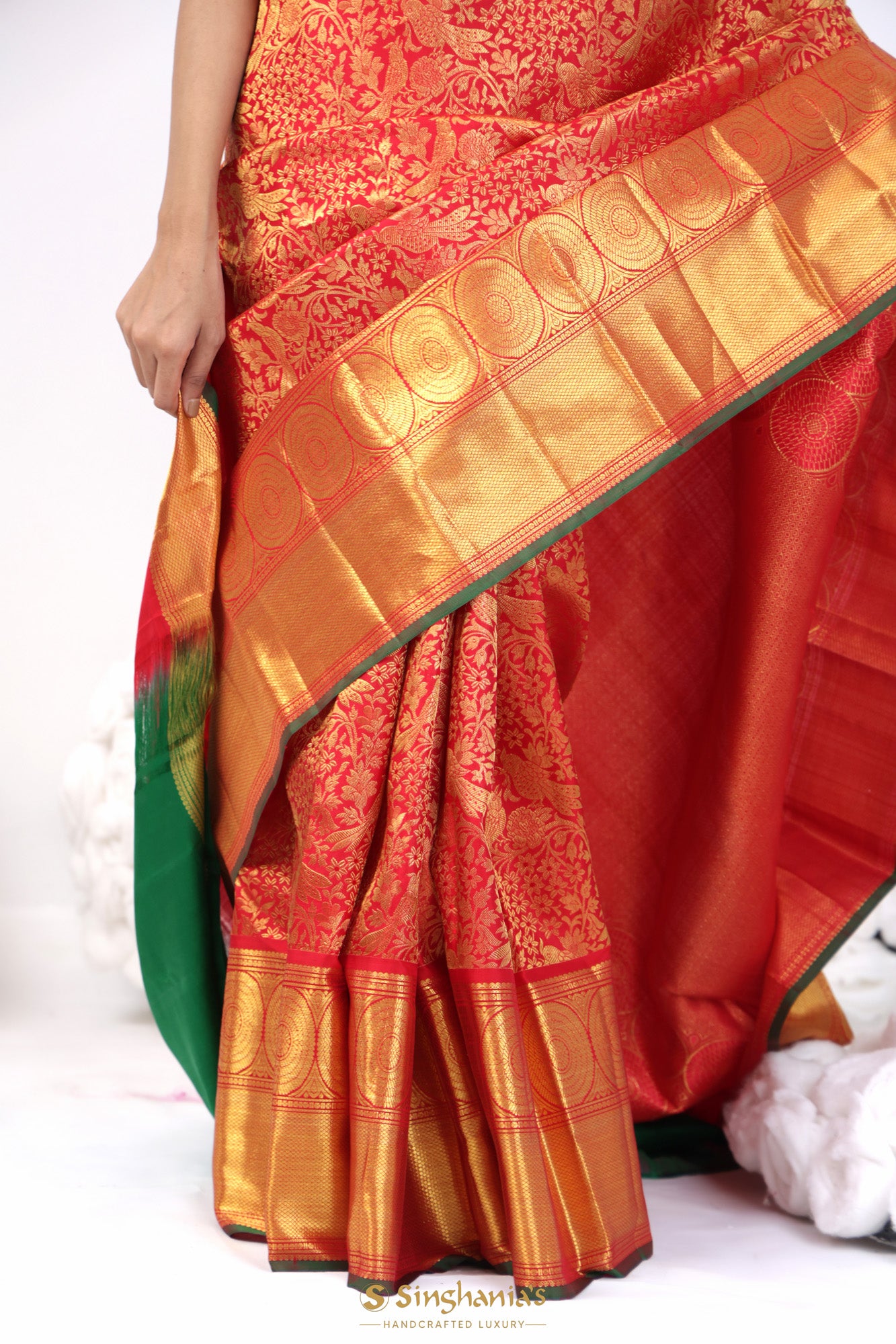 Bright Red Kanjivaram Silk Saree With Big Border