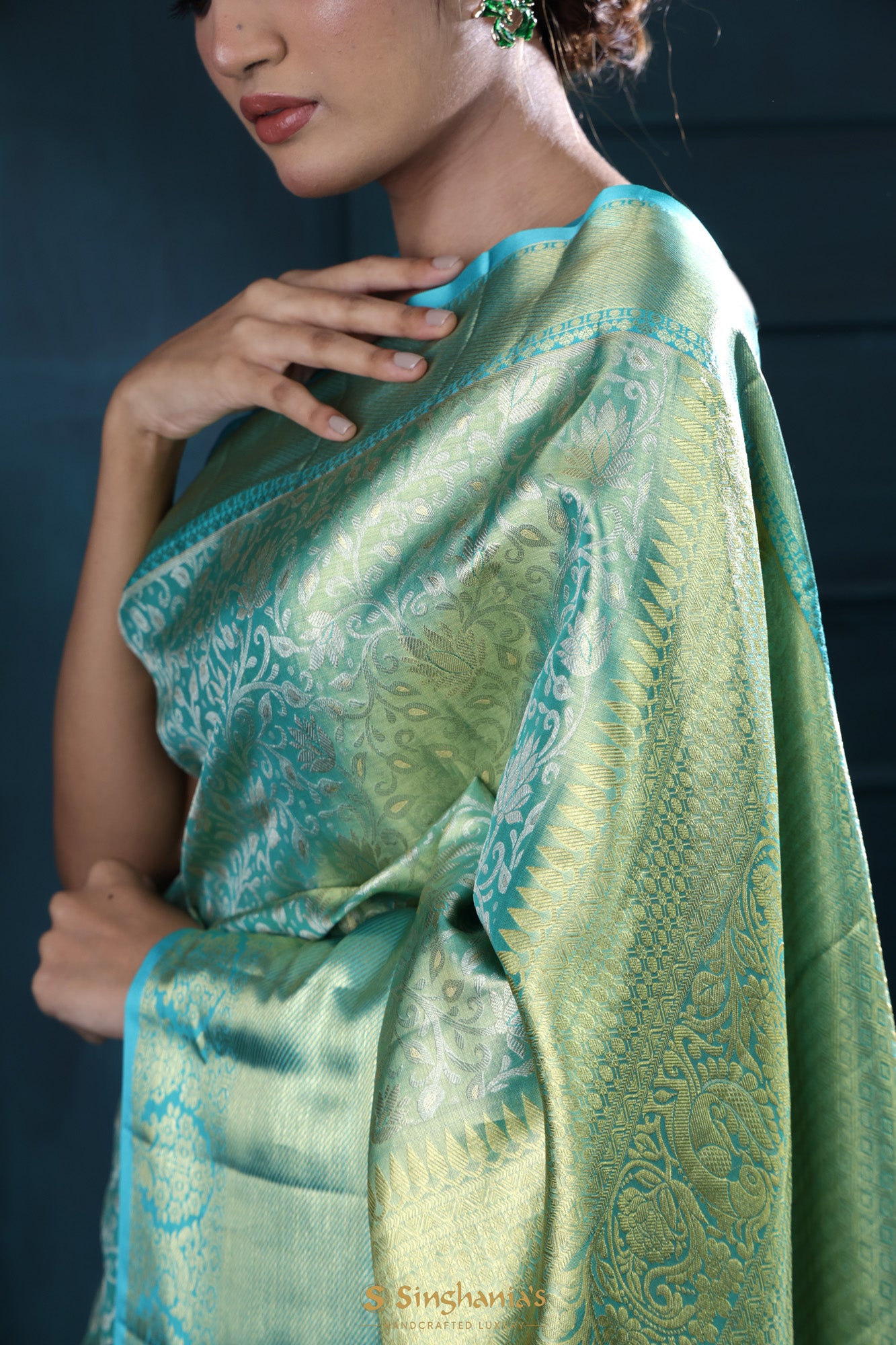 Blue-Green Tissue Kanjivaram Saree With Floral Jaal Weaving