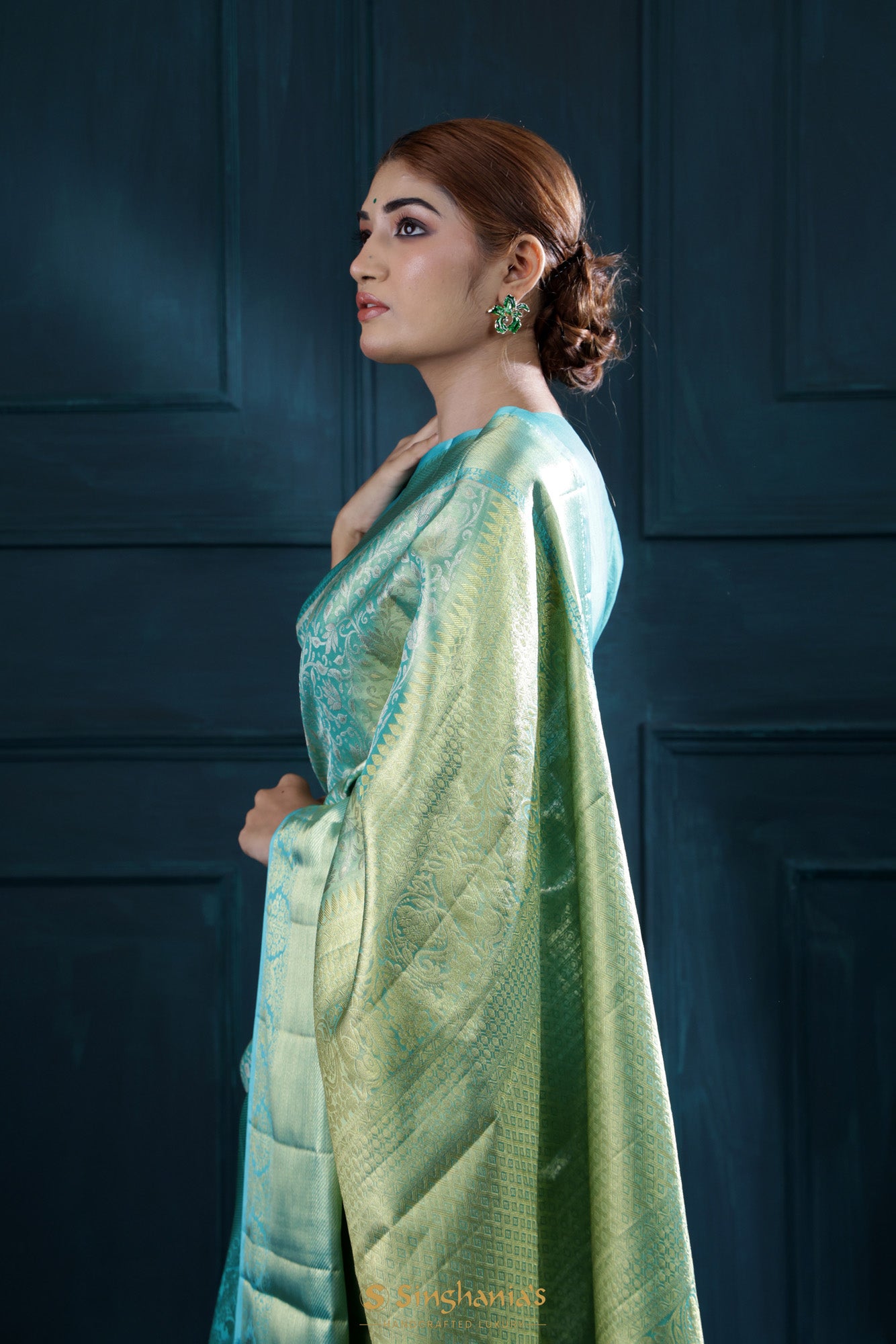 Blue-Green Tissue Kanjivaram Saree With Floral Jaal Weaving