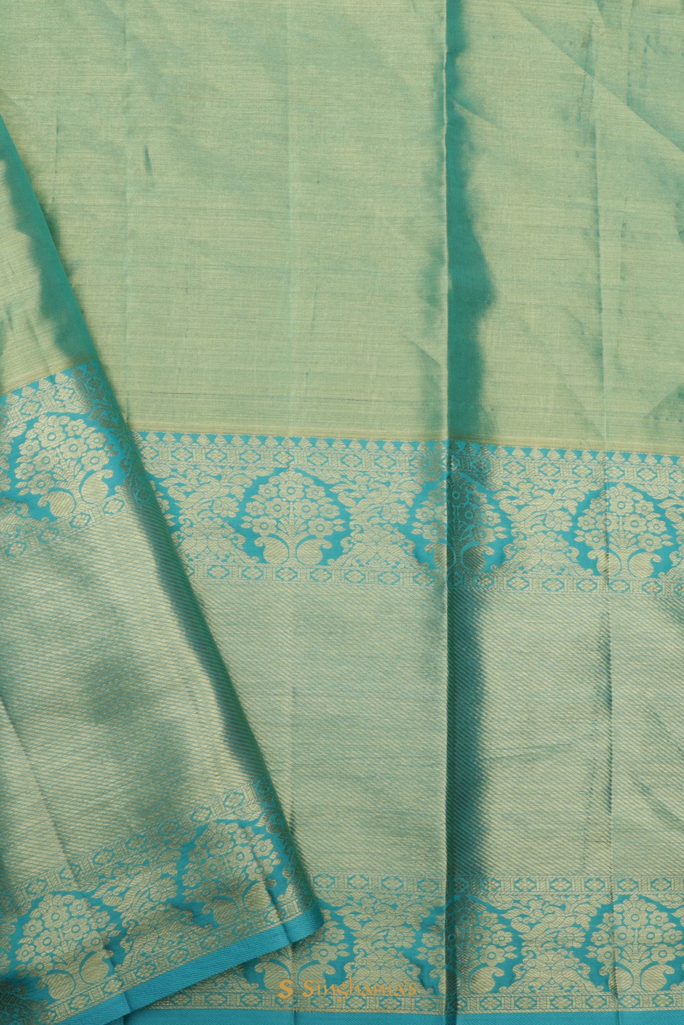 Blue-Green Tissue Kanjivaram Saree With Floral Jaal Weaving