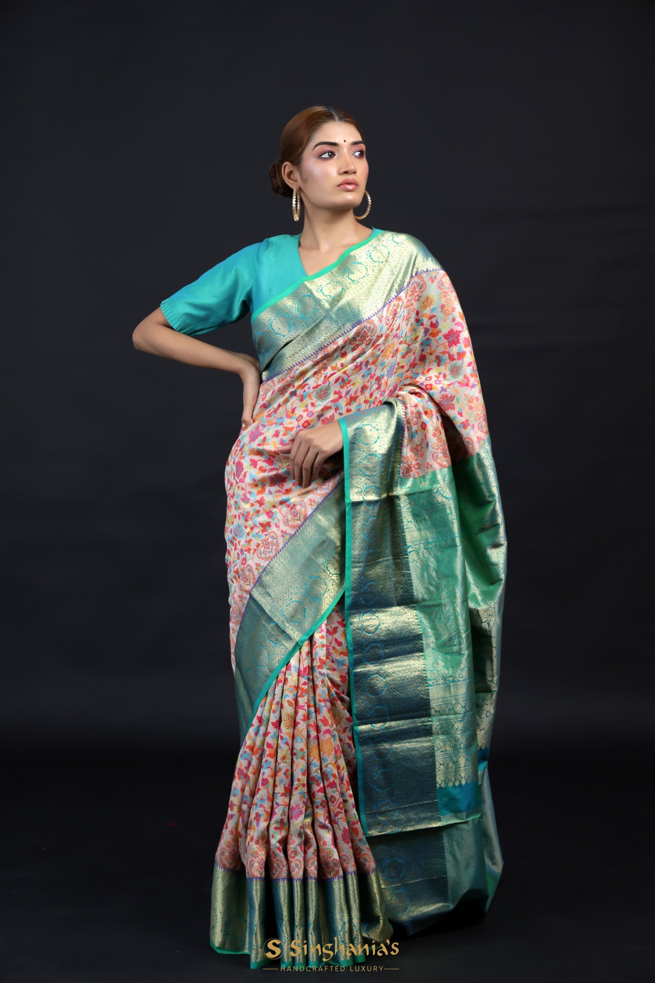 Forest Green Kani Silk Saree With Geometrical Motif Pattern