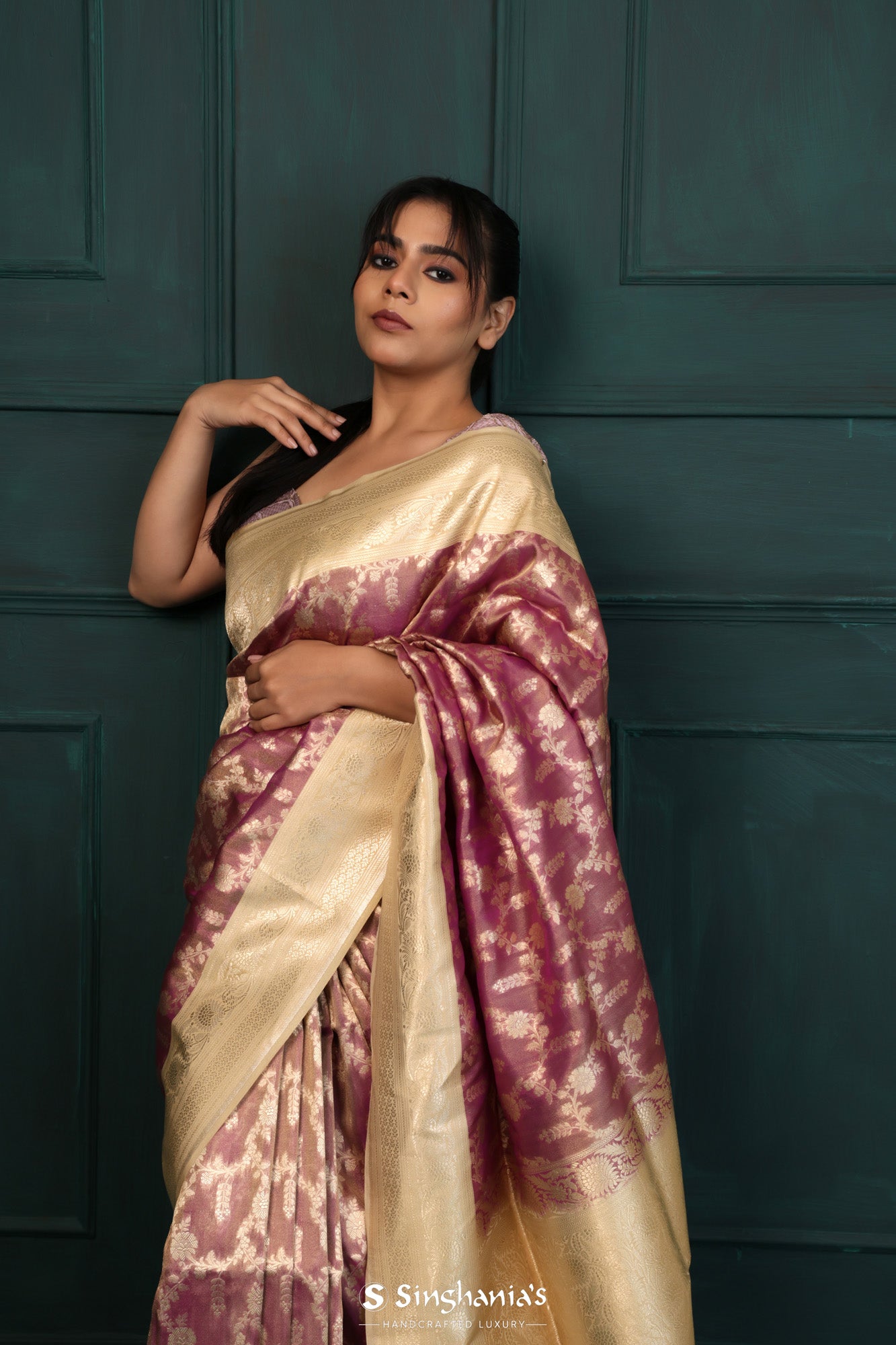 Rouge Pink Tissue Organza Banarasi Saree With Floral Jaal Design