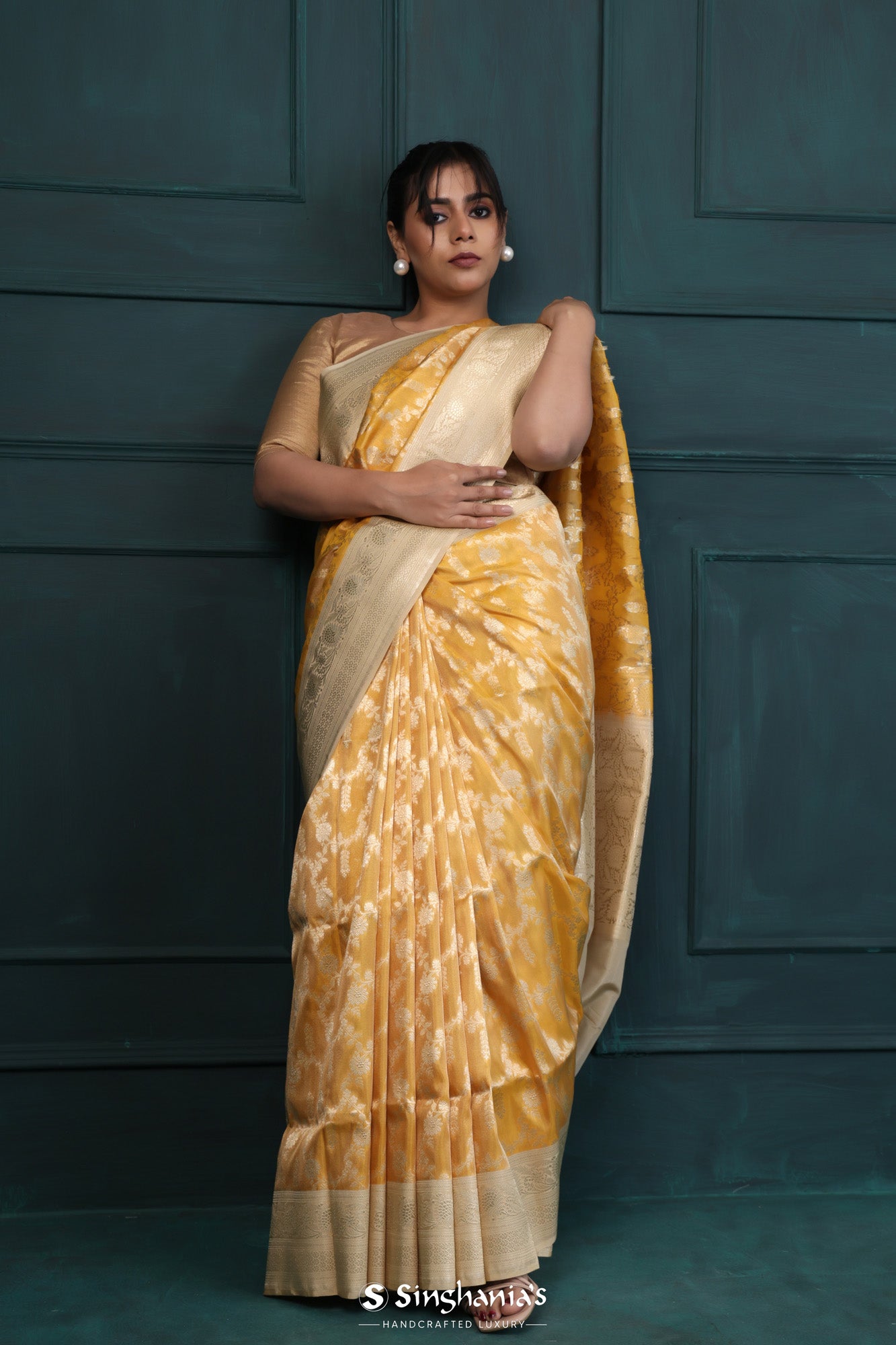 Traditional Gold Banarasi Silk Saree With Floral Jaal Pattern