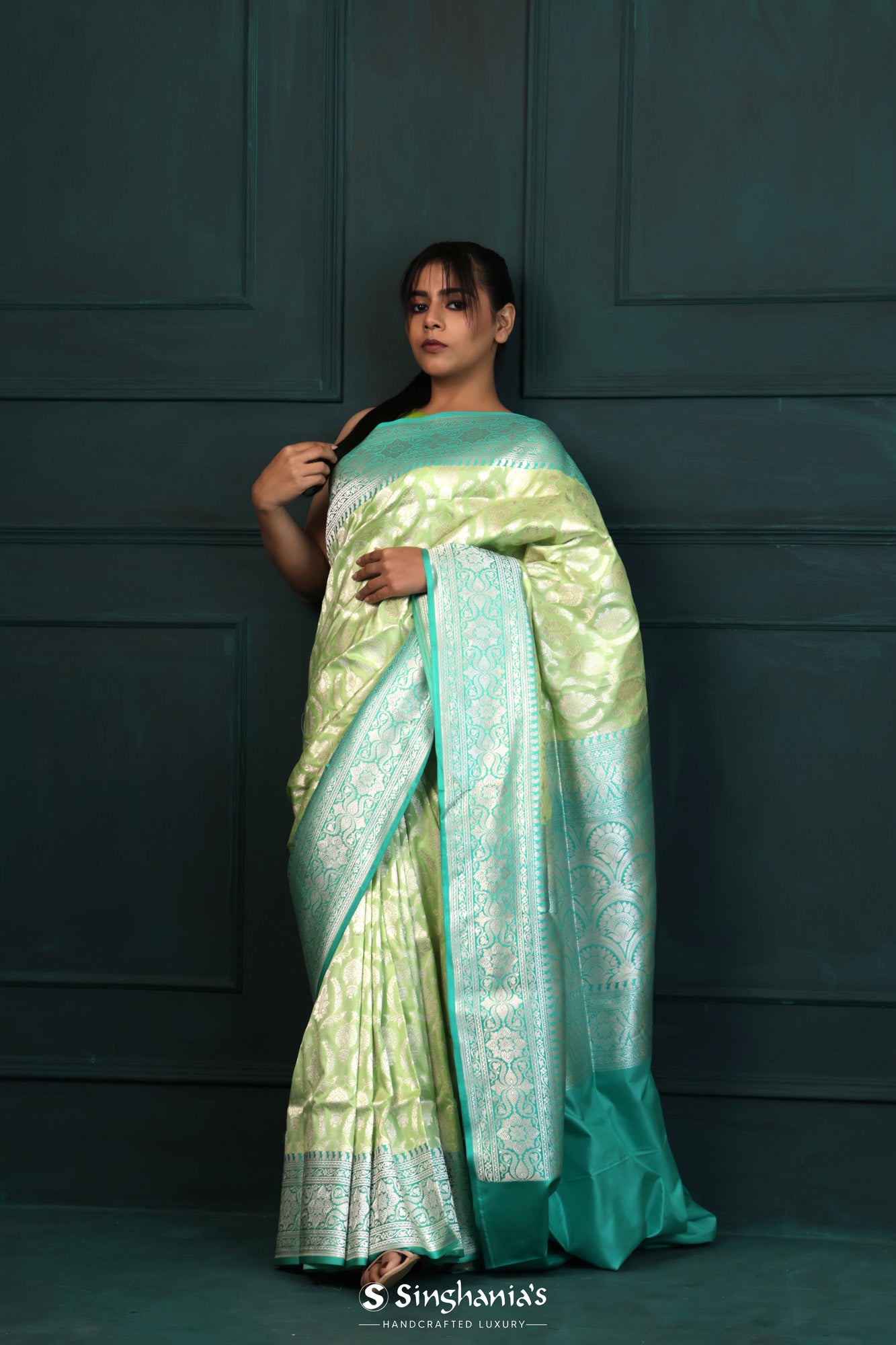 Sage Green Banarasi Silk Saree With Contrast Border