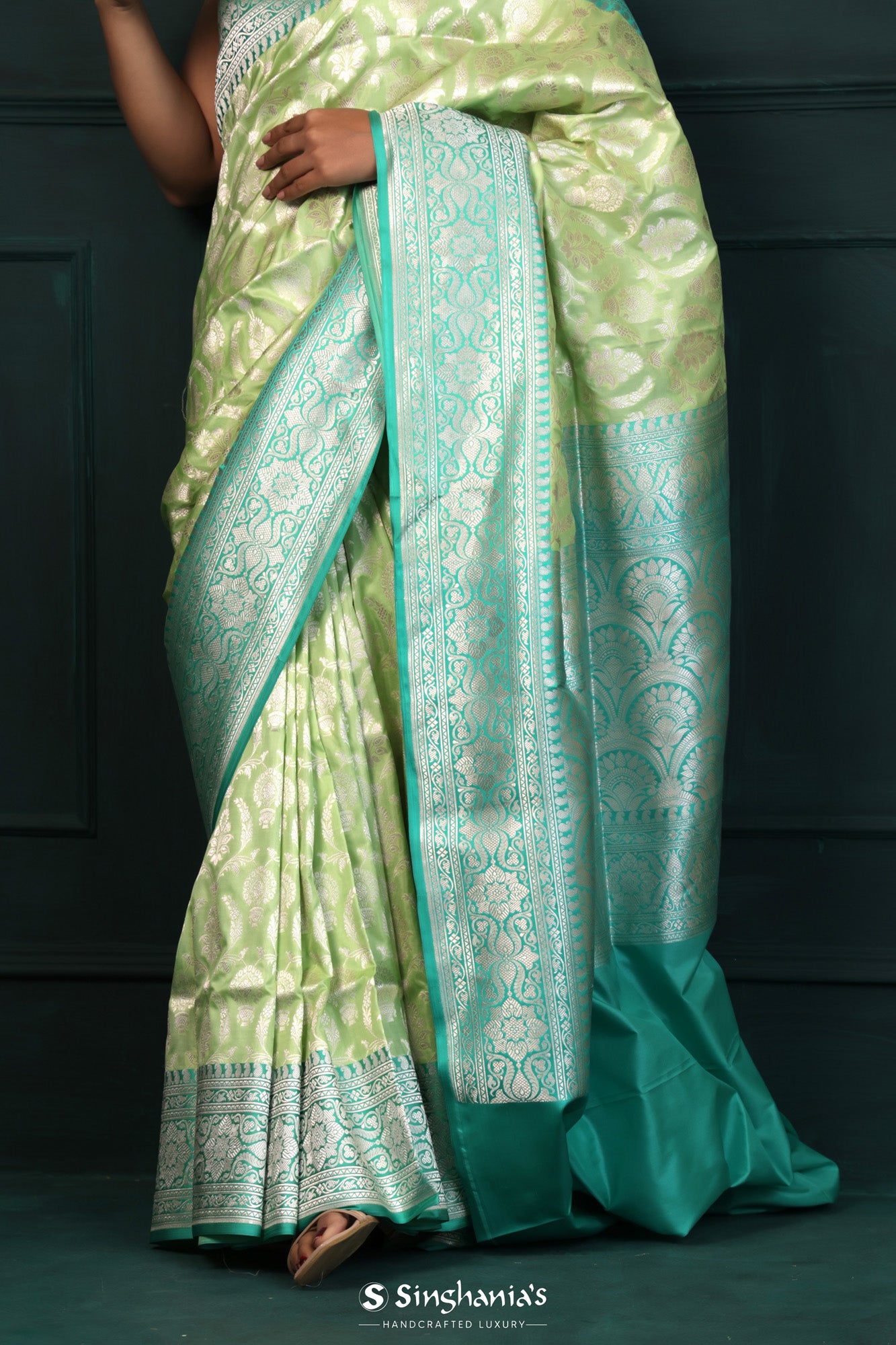 Sage Green Banarasi Silk Saree With Contrast Border