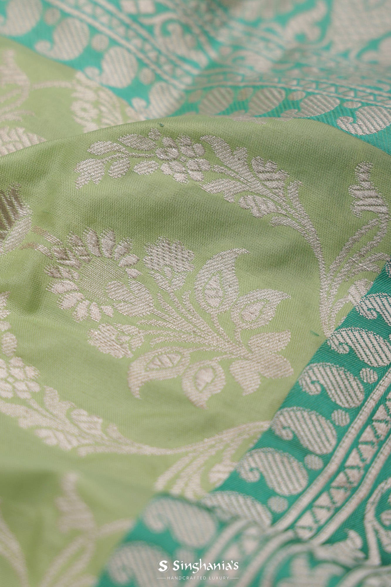 Sage Green Banarasi Silk Saree With Contrast Border