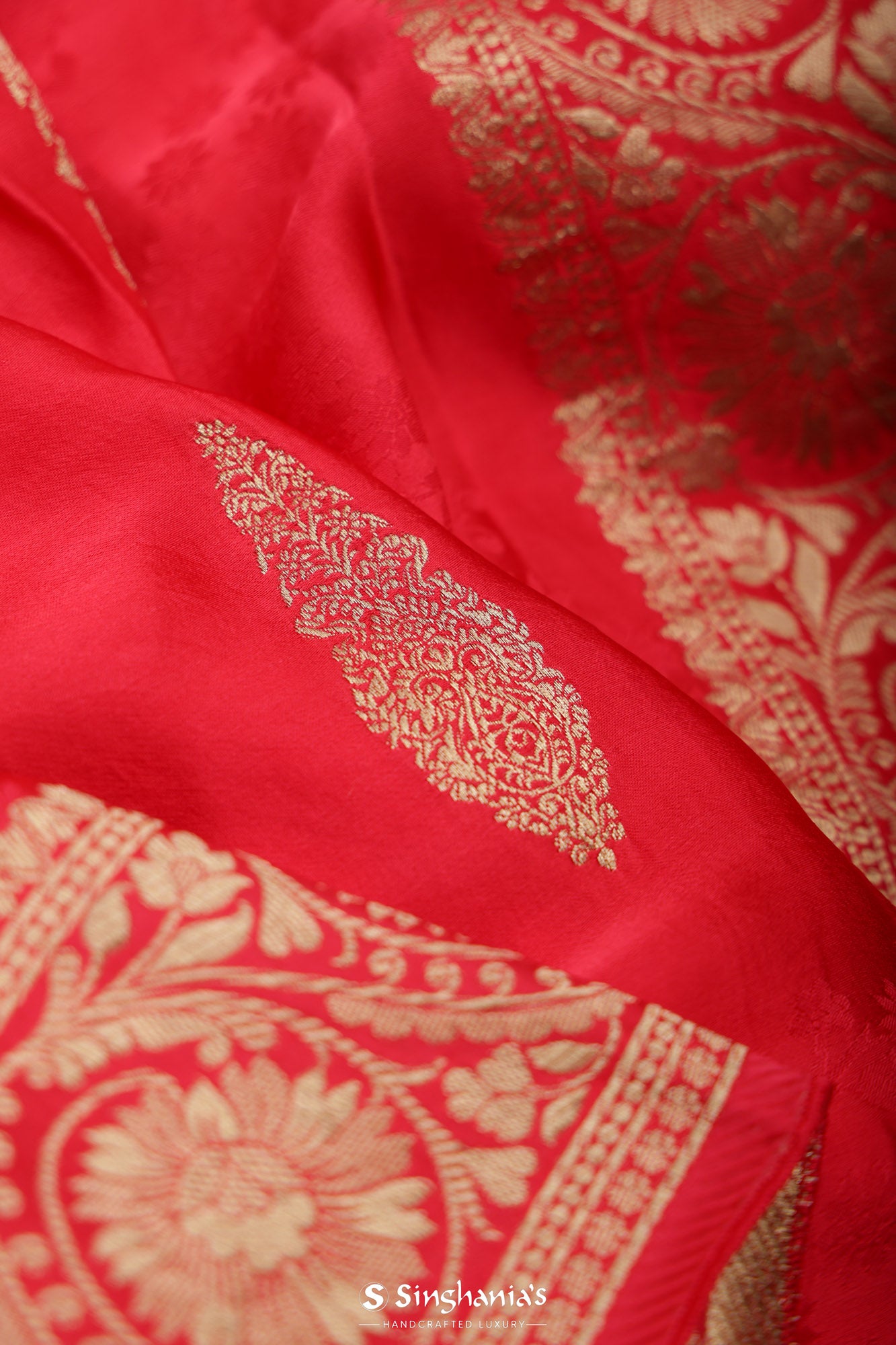 Alizarin Crimson Banarasi Satin Saree With Floral Buttas Design