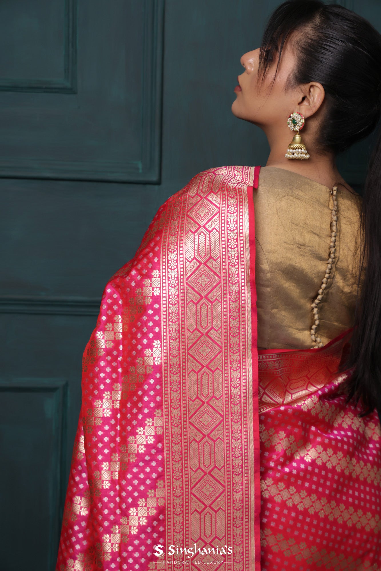 Ruby Pink Banarasi Silk Saree With Floral Stripes Pattern