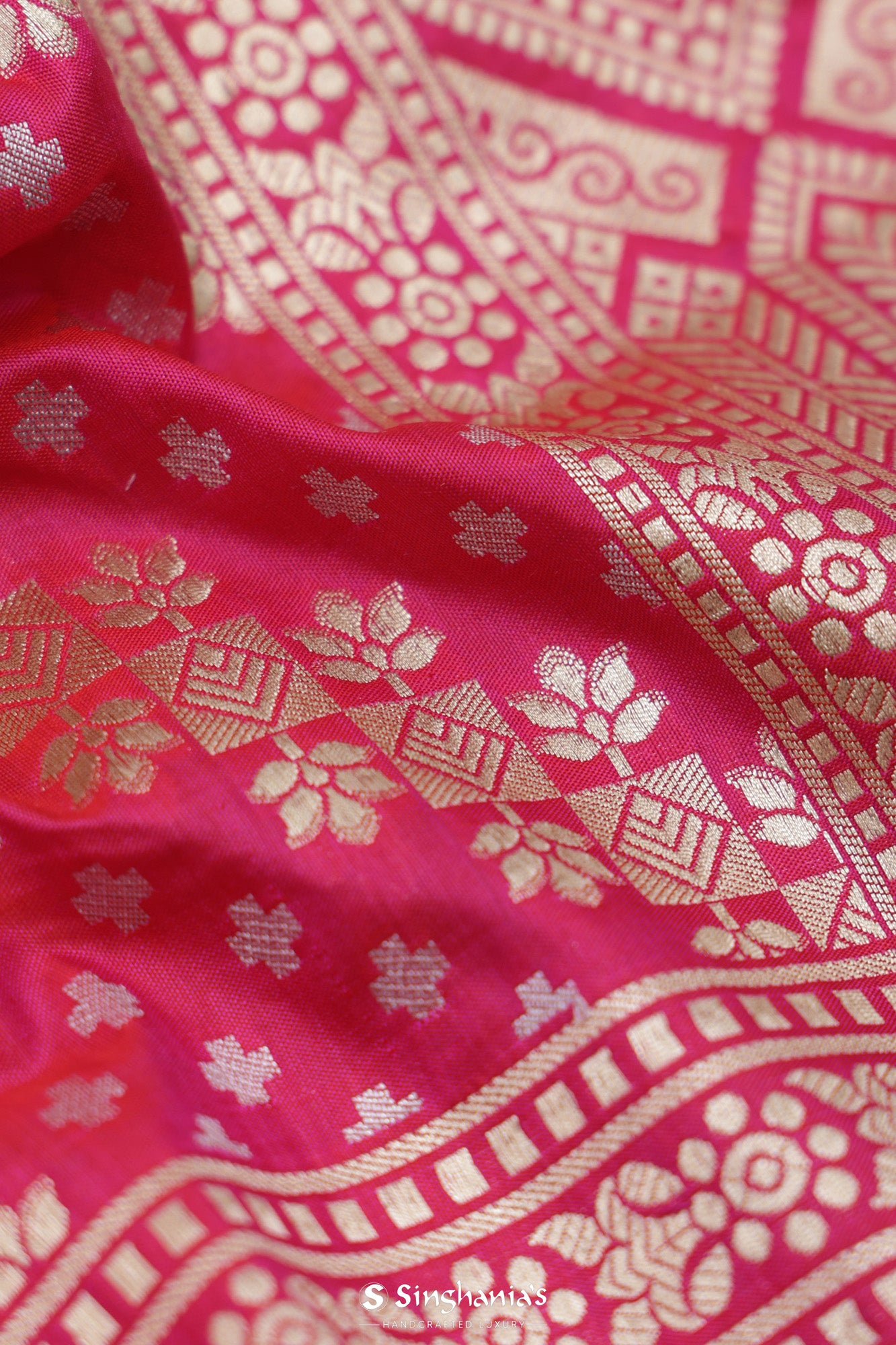 Ruby Pink Banarasi Silk Saree With Floral Stripes Pattern