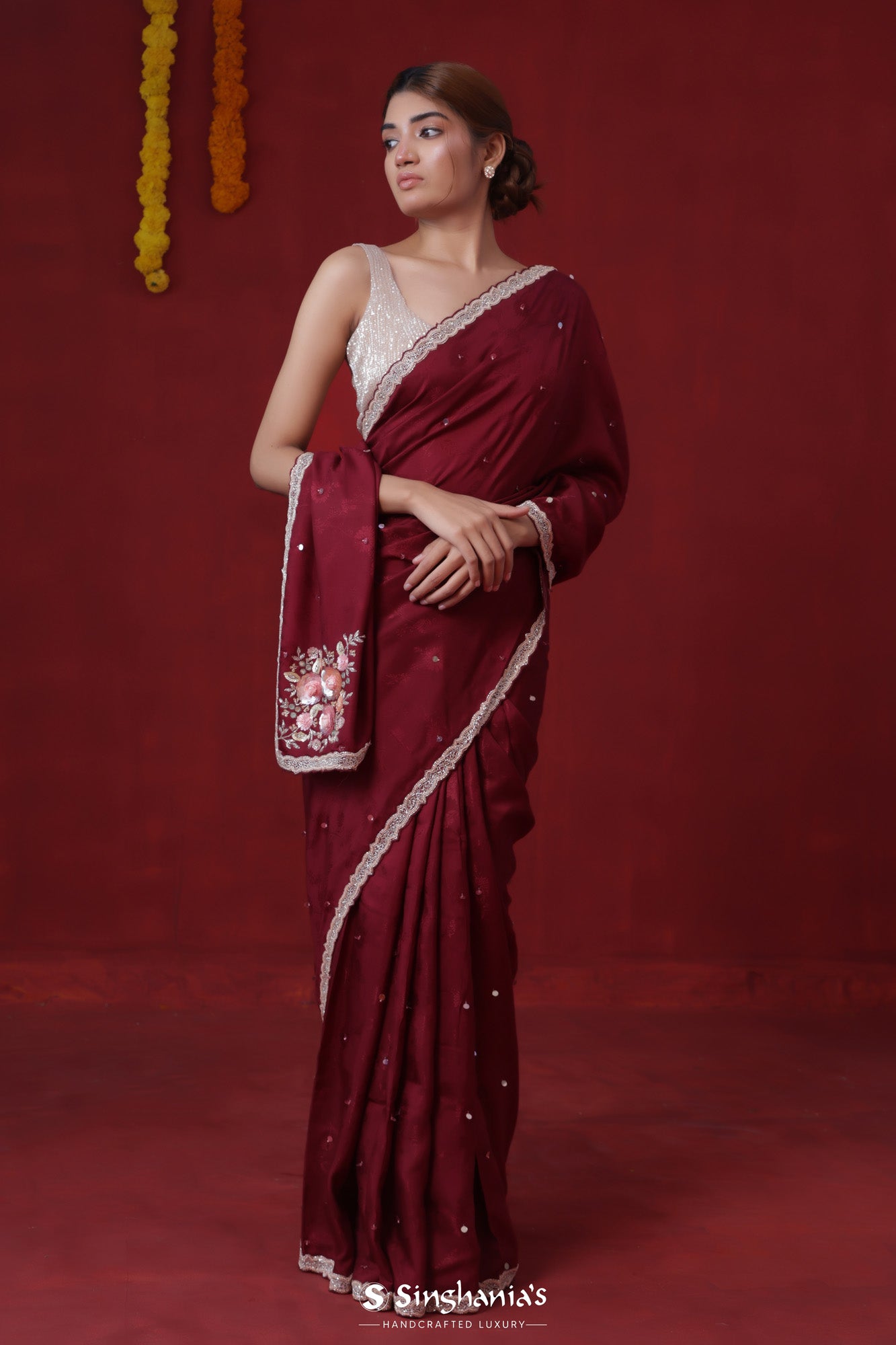 Crimson Maroon Modal Satin Saree With Hand Embroidery