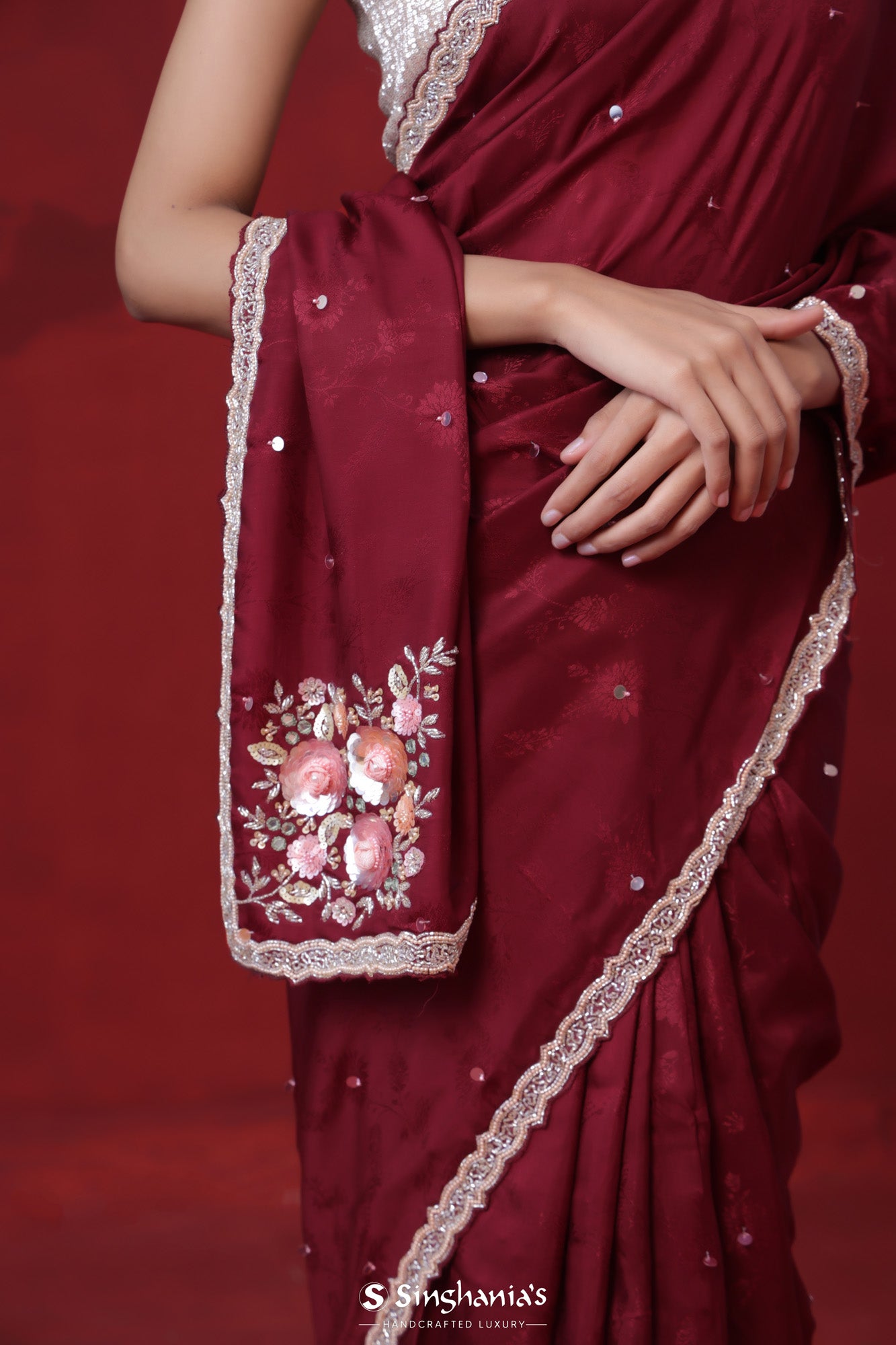 Crimson Maroon Modal Satin Saree With Hand Embroidery