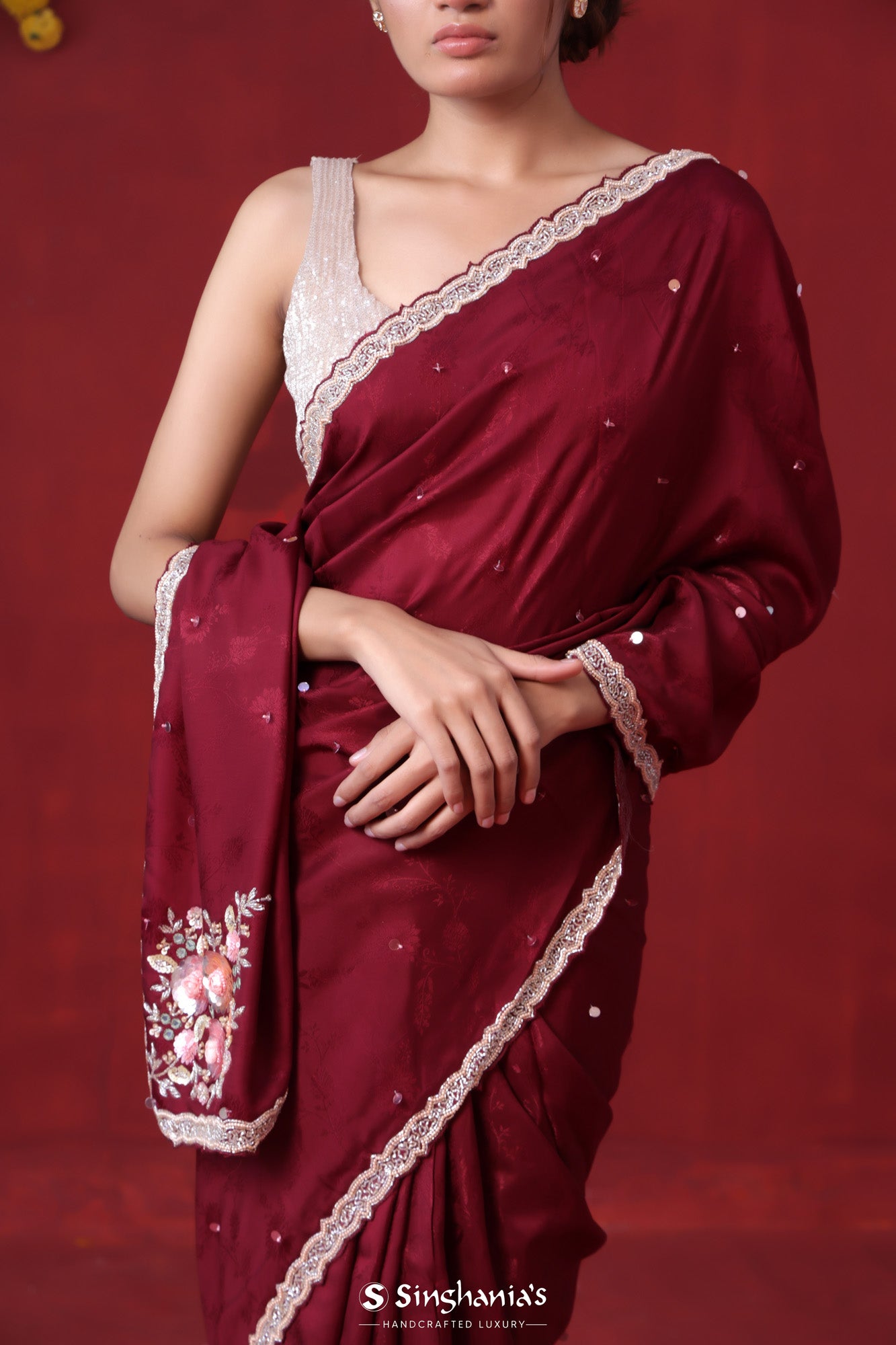 Crimson Maroon Modal Satin Saree With Hand Embroidery