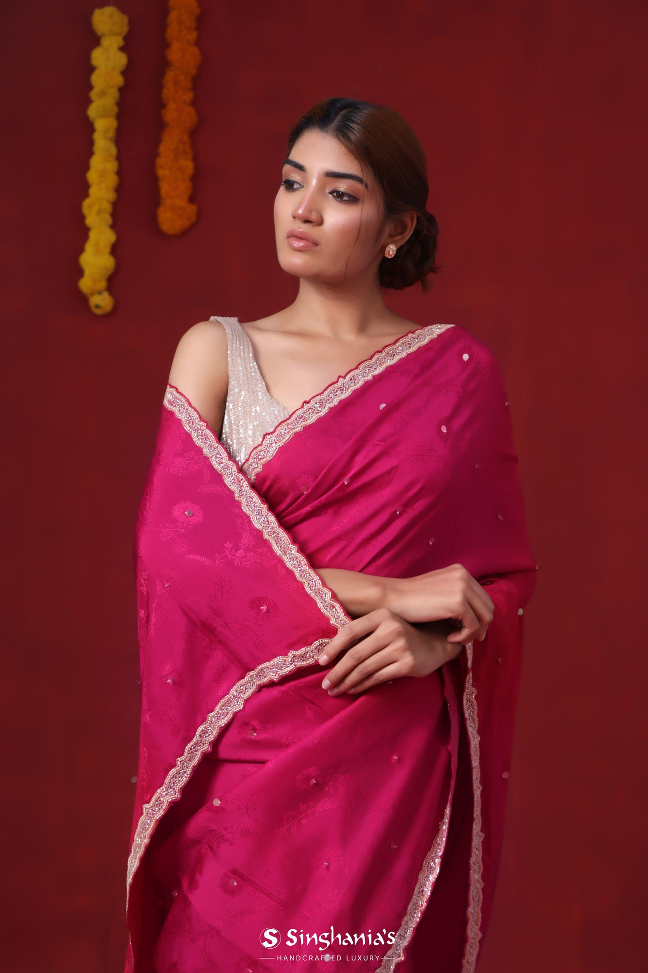 Ruby Pink Modal Satin Saree With Floral Embroidery