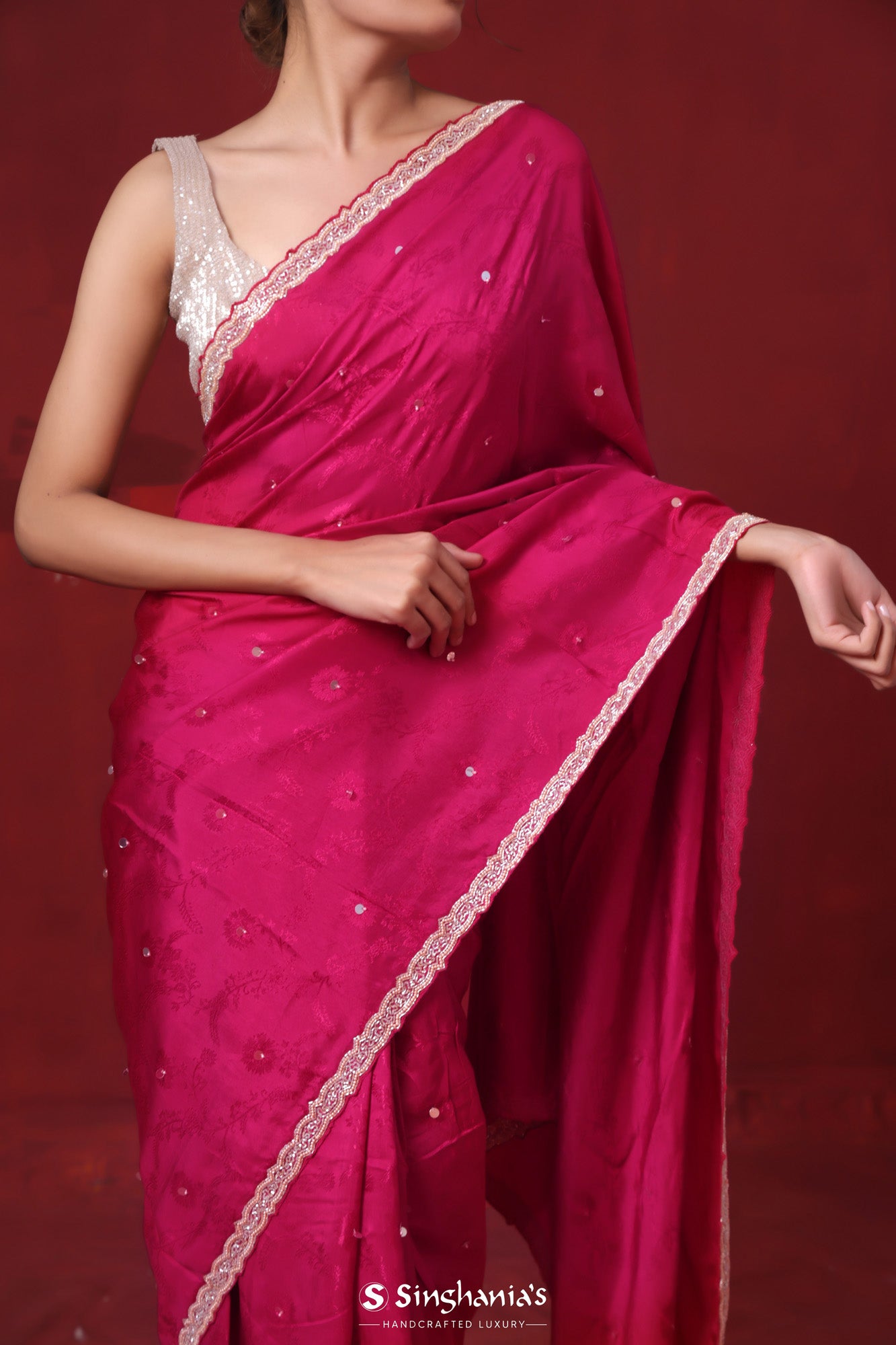 Ruby Pink Modal Satin Saree With Floral Embroidery