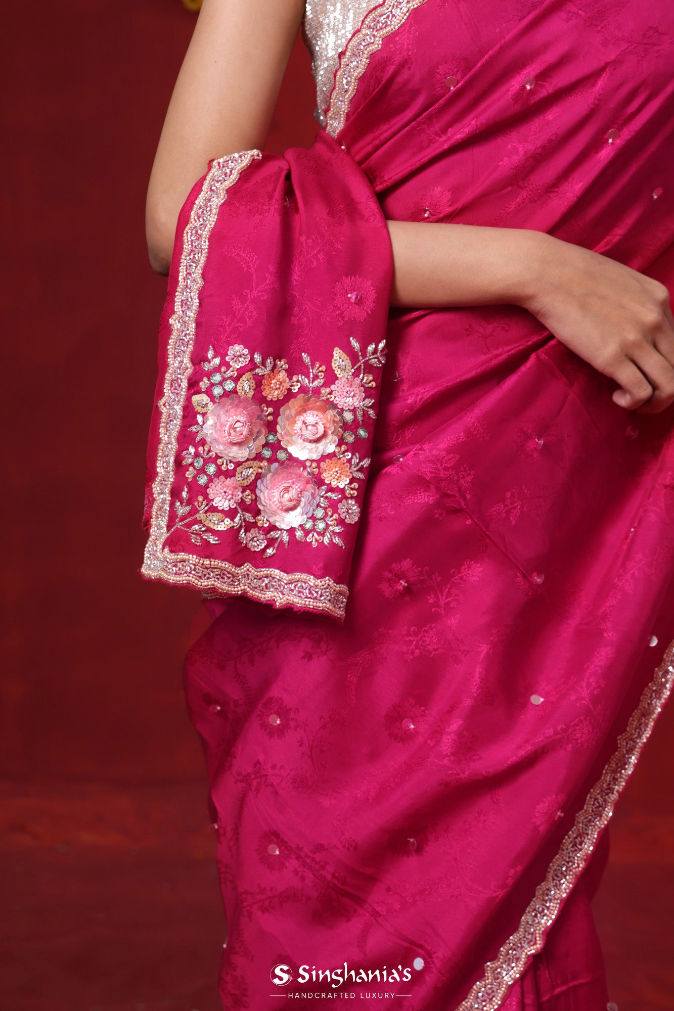 Ruby Pink Modal Satin Saree With Floral Embroidery