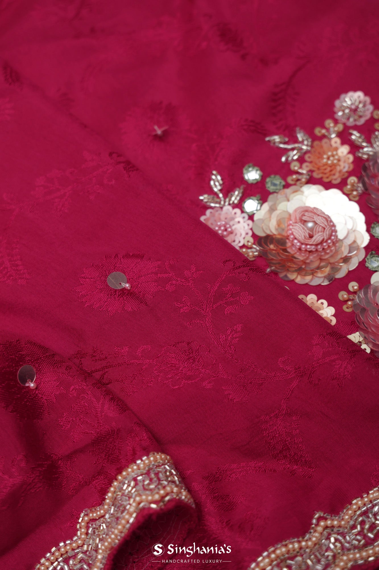 Ruby Pink Modal Satin Saree With Floral Embroidery