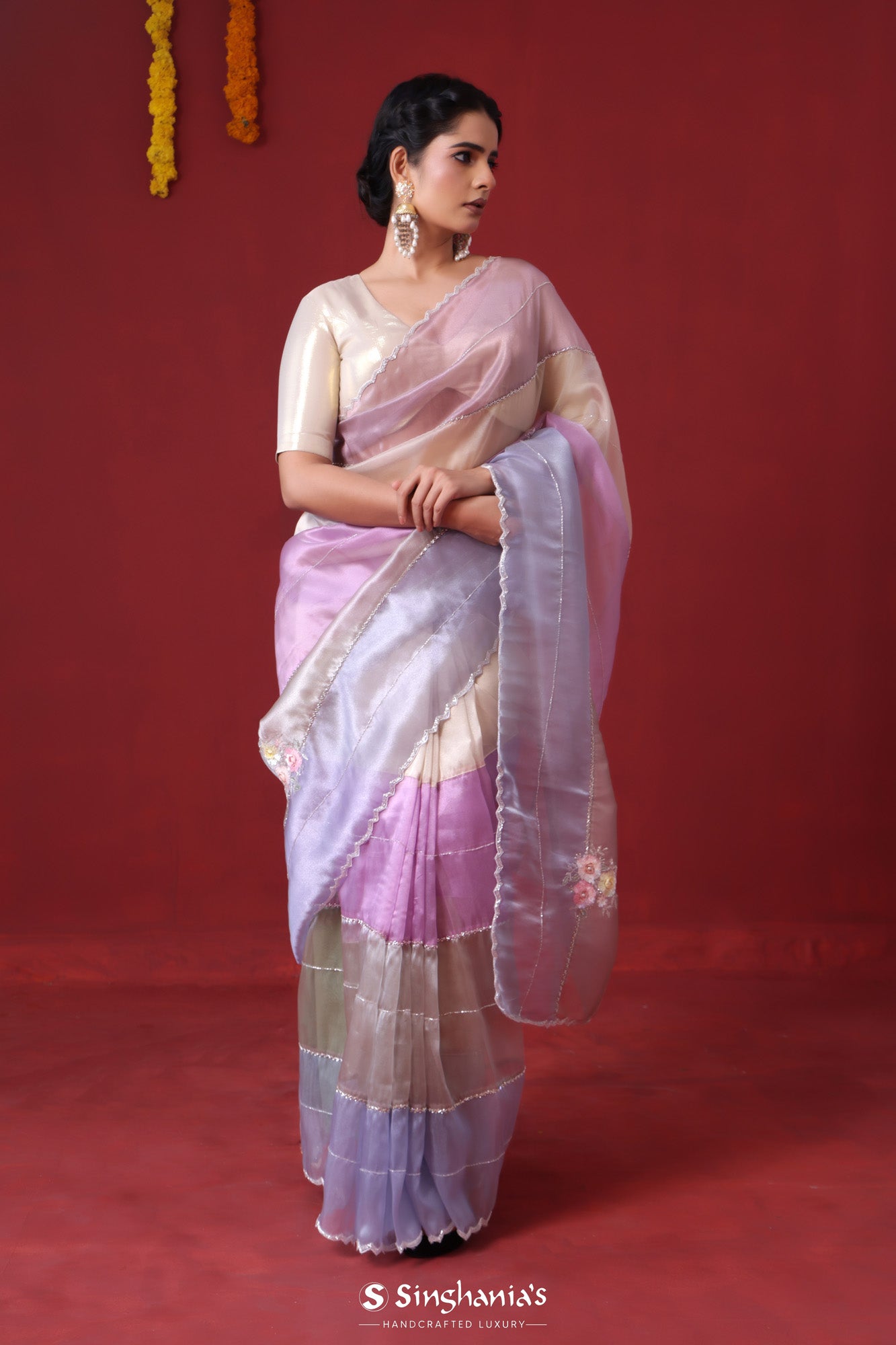 Pale Purple Tissue Organza Saree With Hand Embroidery