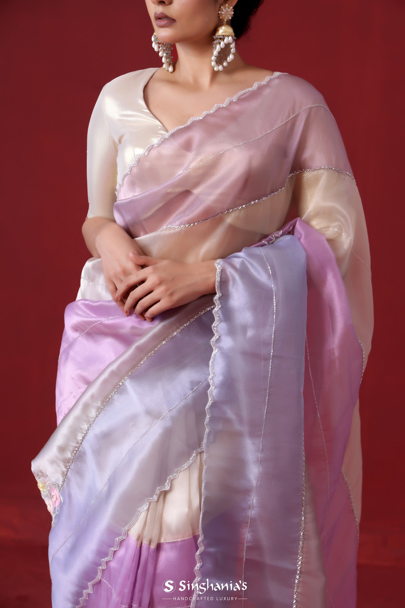 Pale Purple Tissue Organza Saree With Hand Embroidery