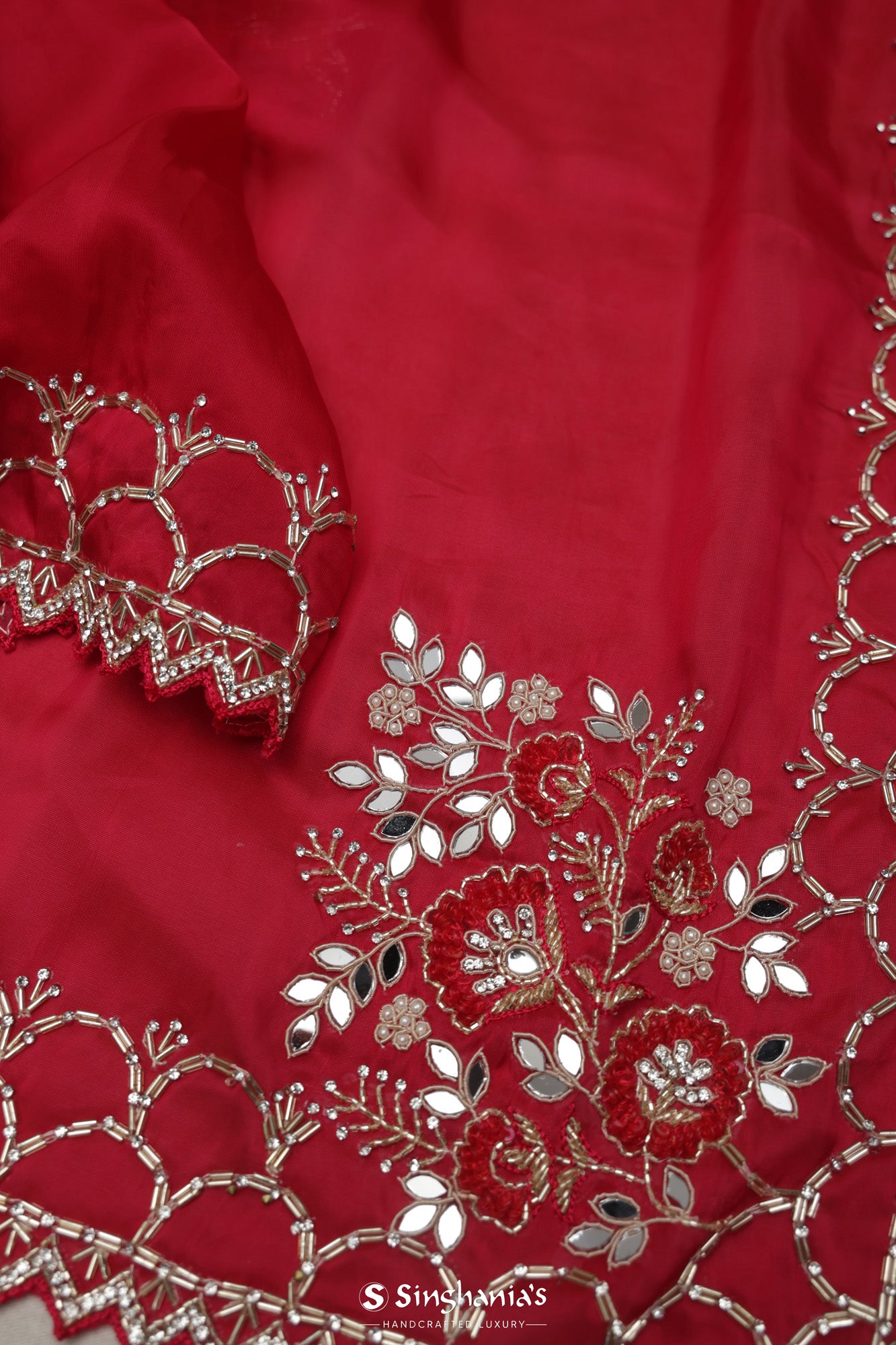 Rubine Red Handcrafted Satin Saree With Floral Butti