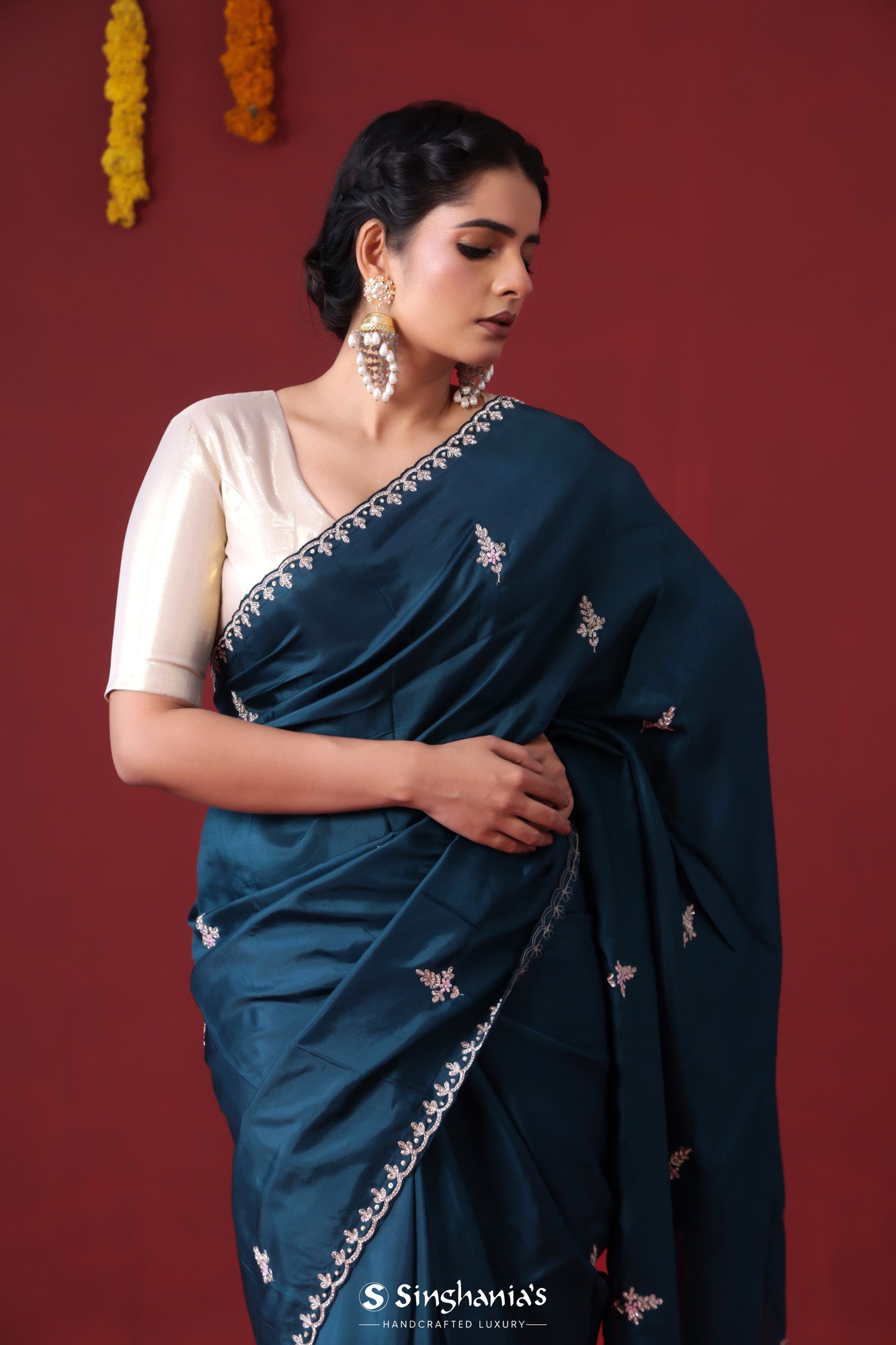 Capital Blue Handcrafted Satin Saree With Floral Butti