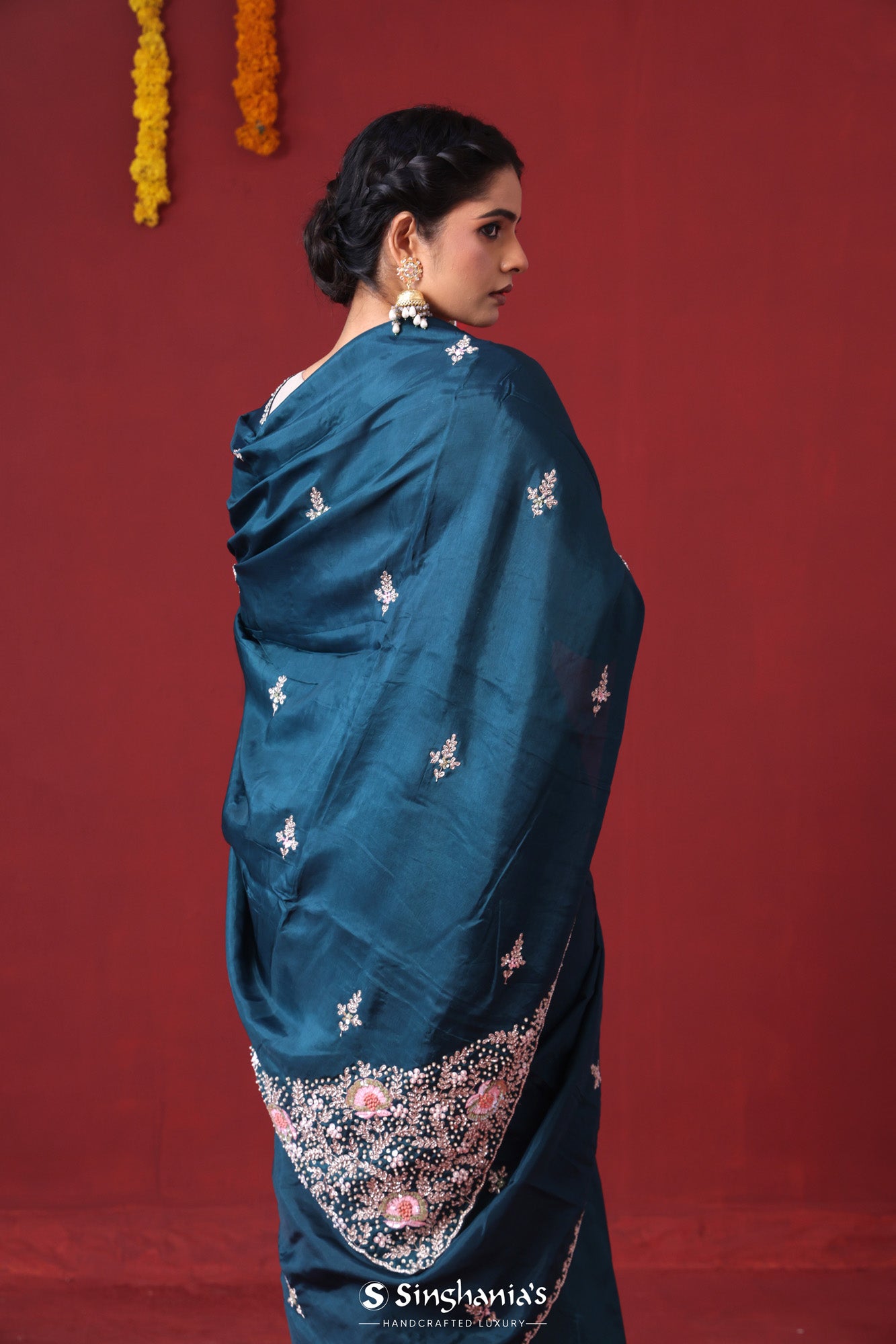 Capital Blue Handcrafted Satin Saree With Floral Butti