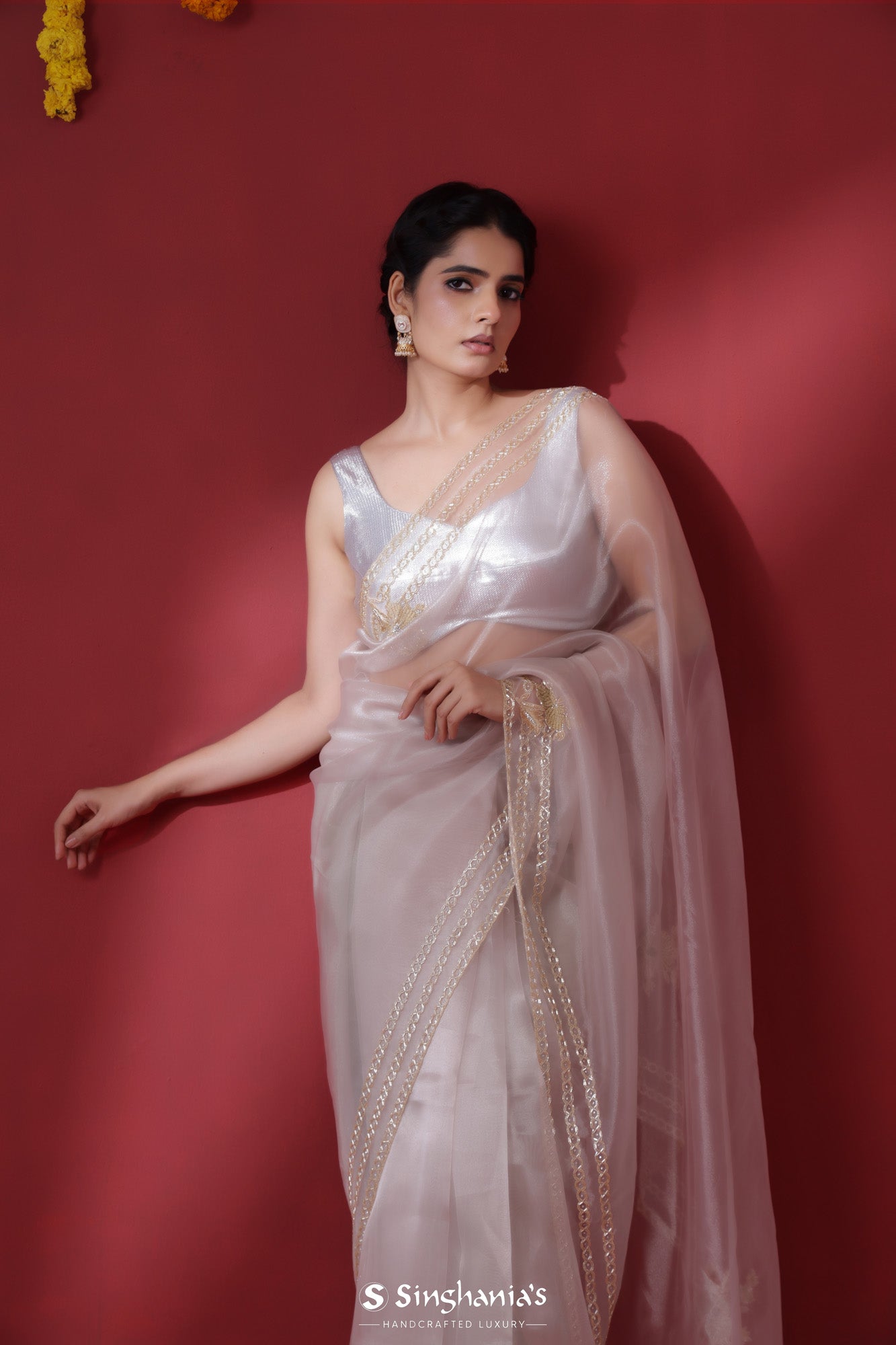 Pale Pink Tissue Organza Saree With Embroidery Border