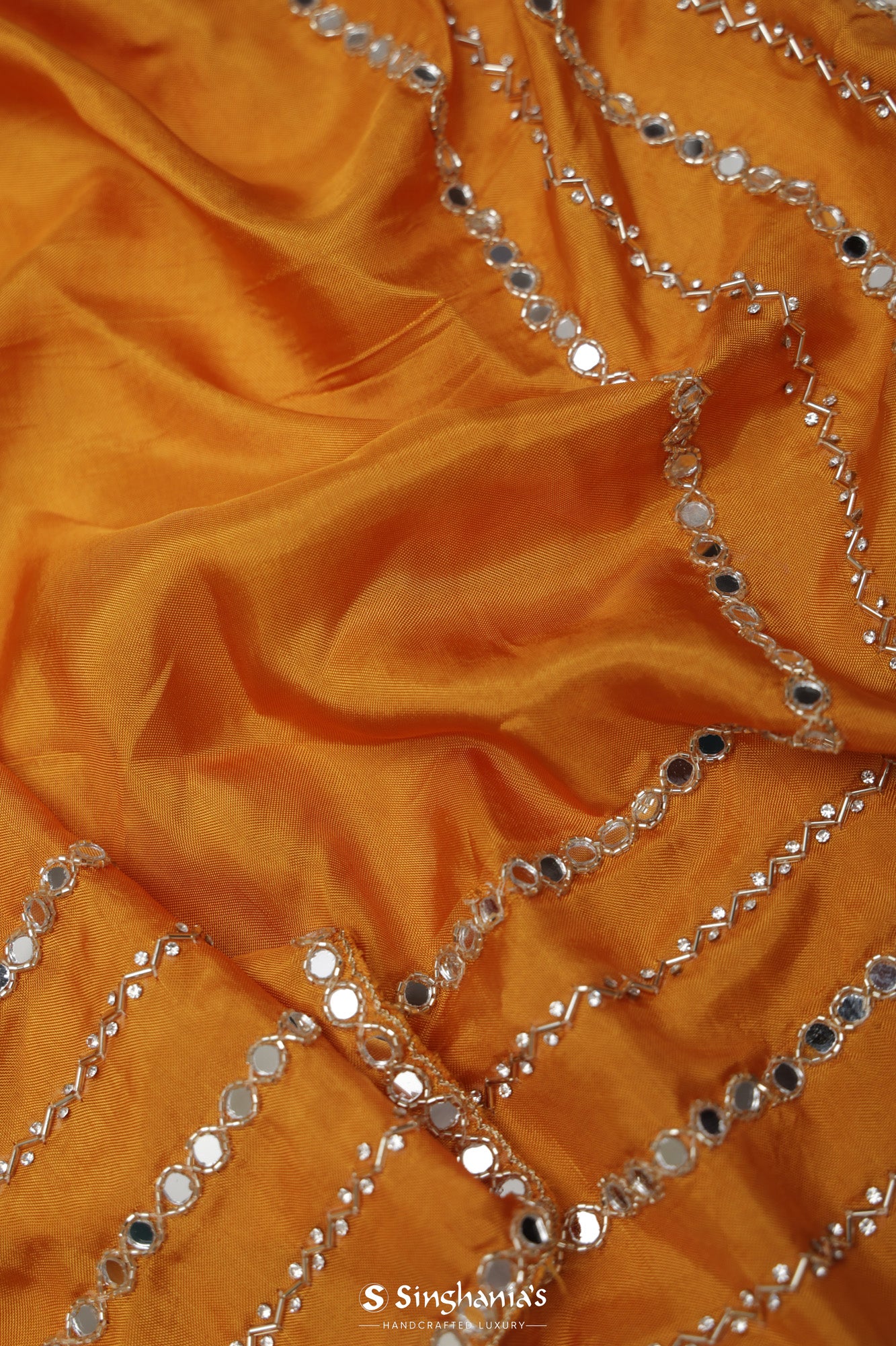 Orange Yellow Satin Saree With Hand Embroidery