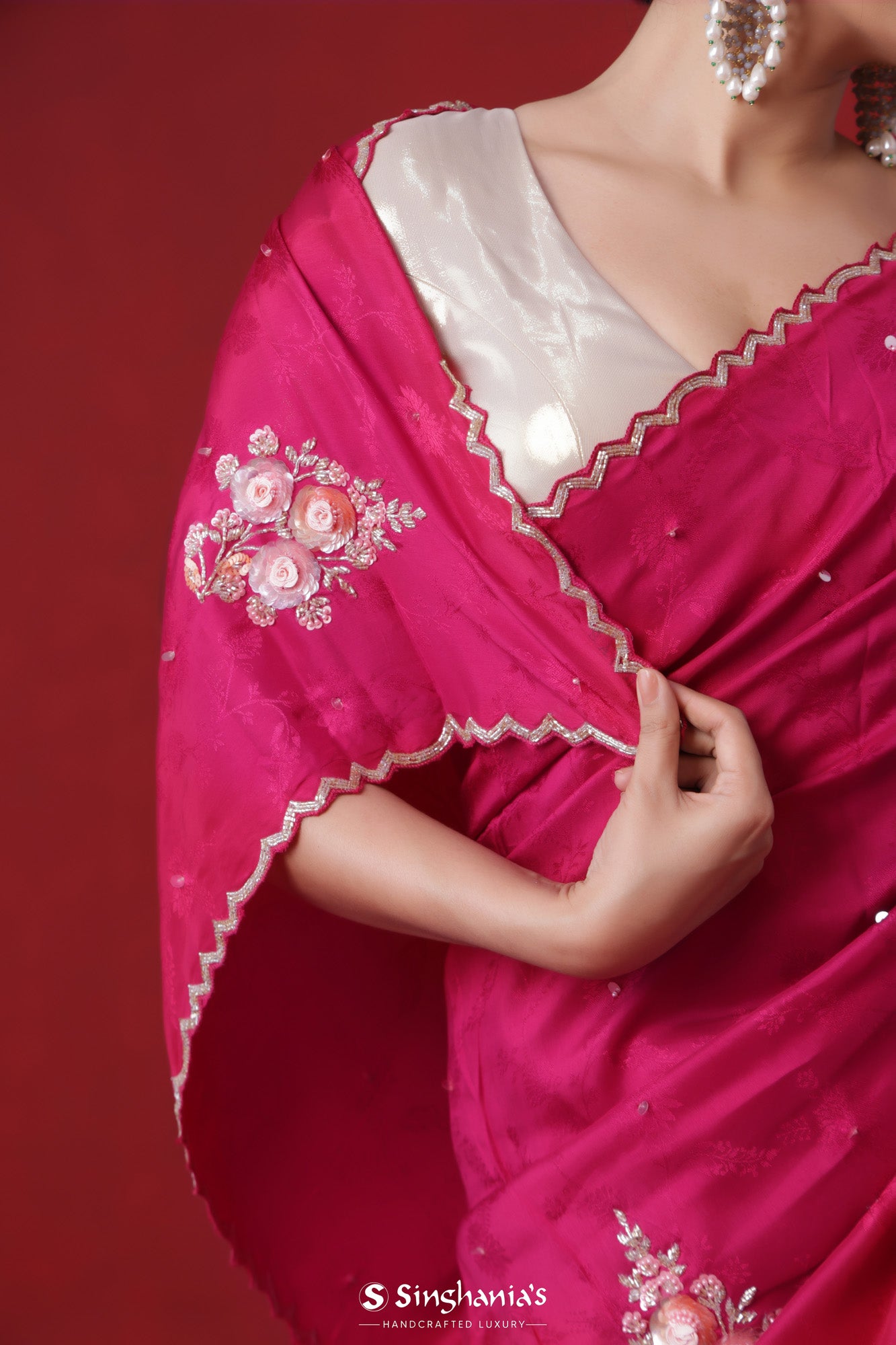 Ruby Pink Handwork Satin Saree With Floral Butta