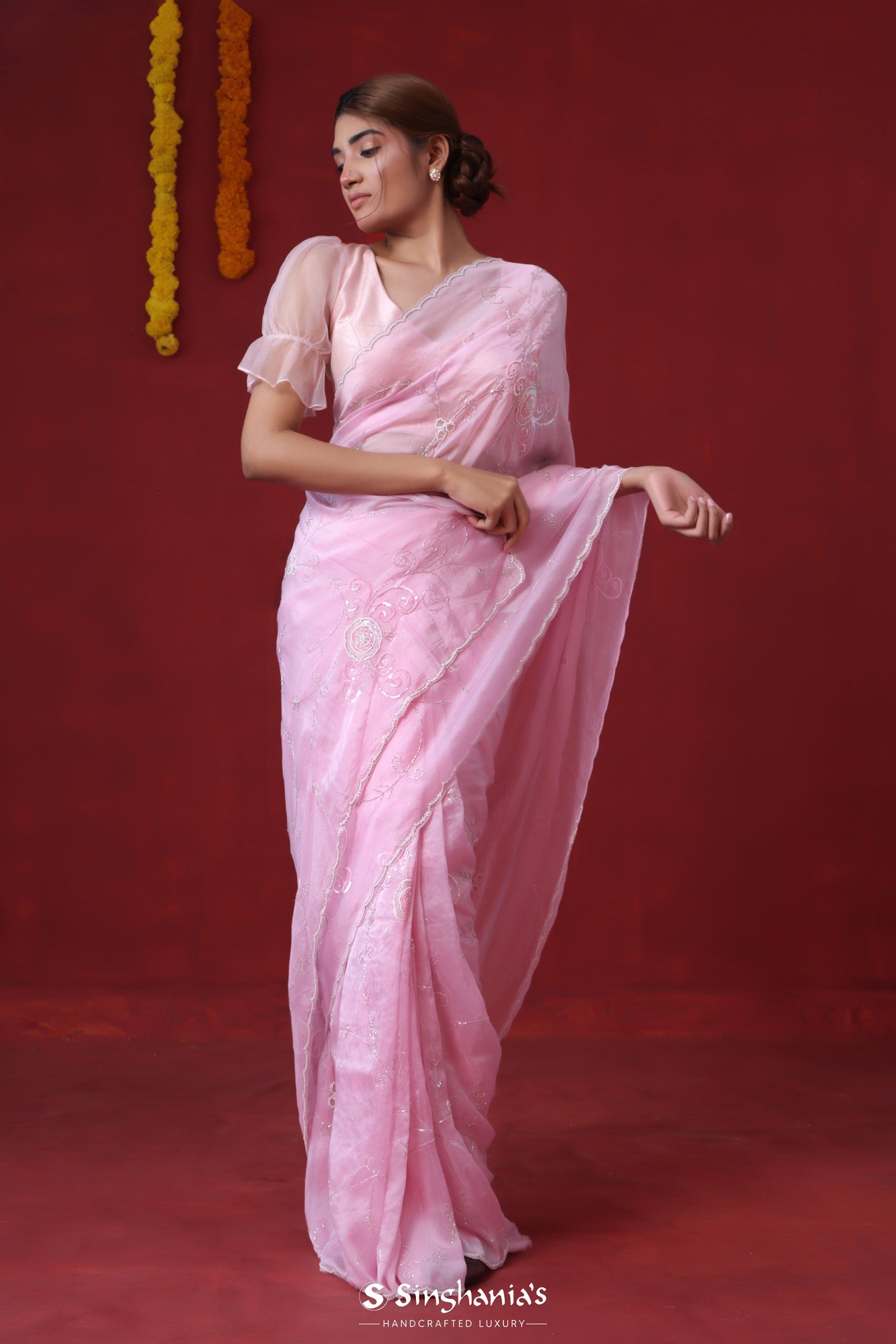 Lemonade Pink Organza Saree With Hand Embroidery