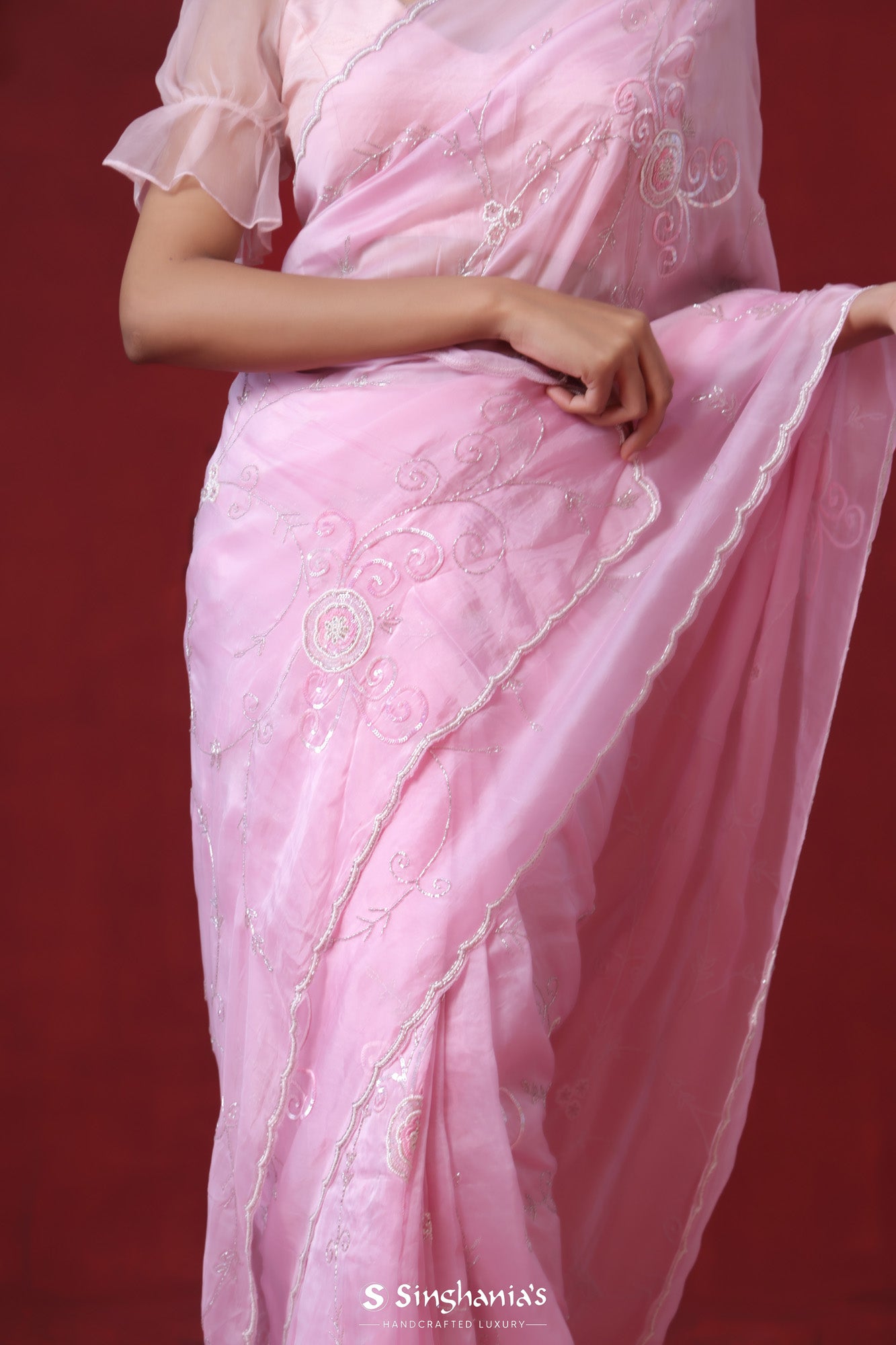 Lemonade Pink Organza Saree With Hand Embroidery