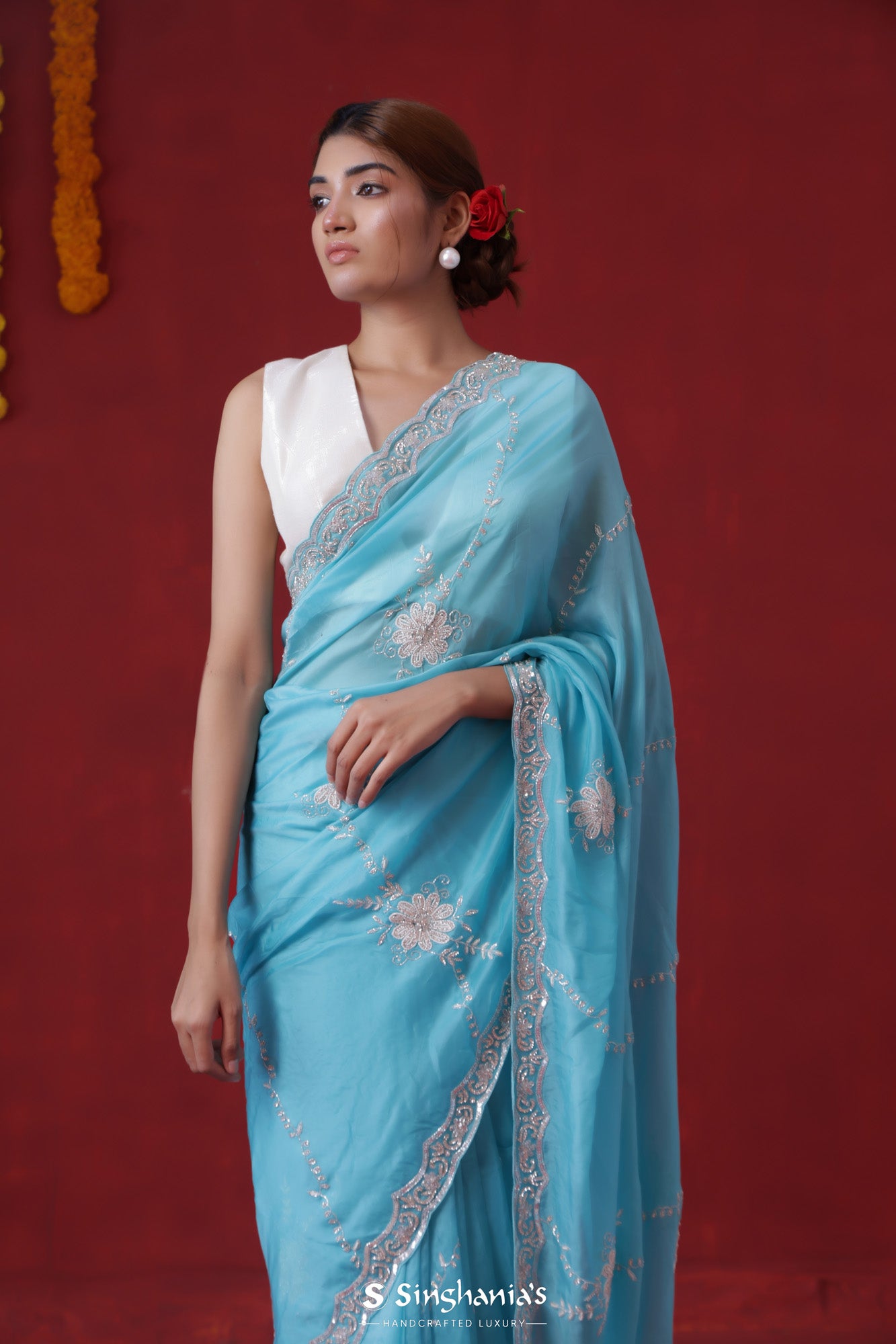 Bright Blue Organza Saree With Hand Embroidery