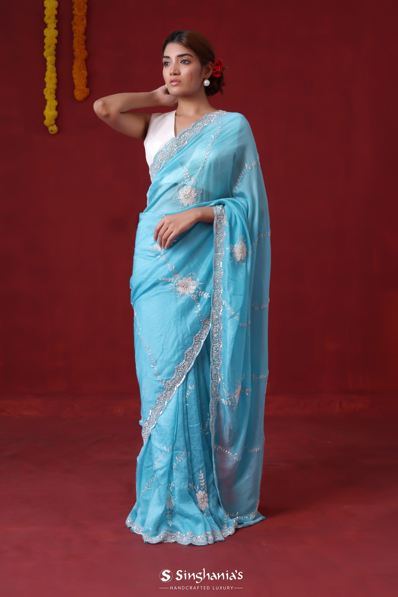 Bright Blue Organza Saree With Hand Embroidery