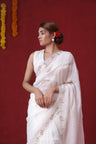 Dull White Organza Saree With Hand Embroidery