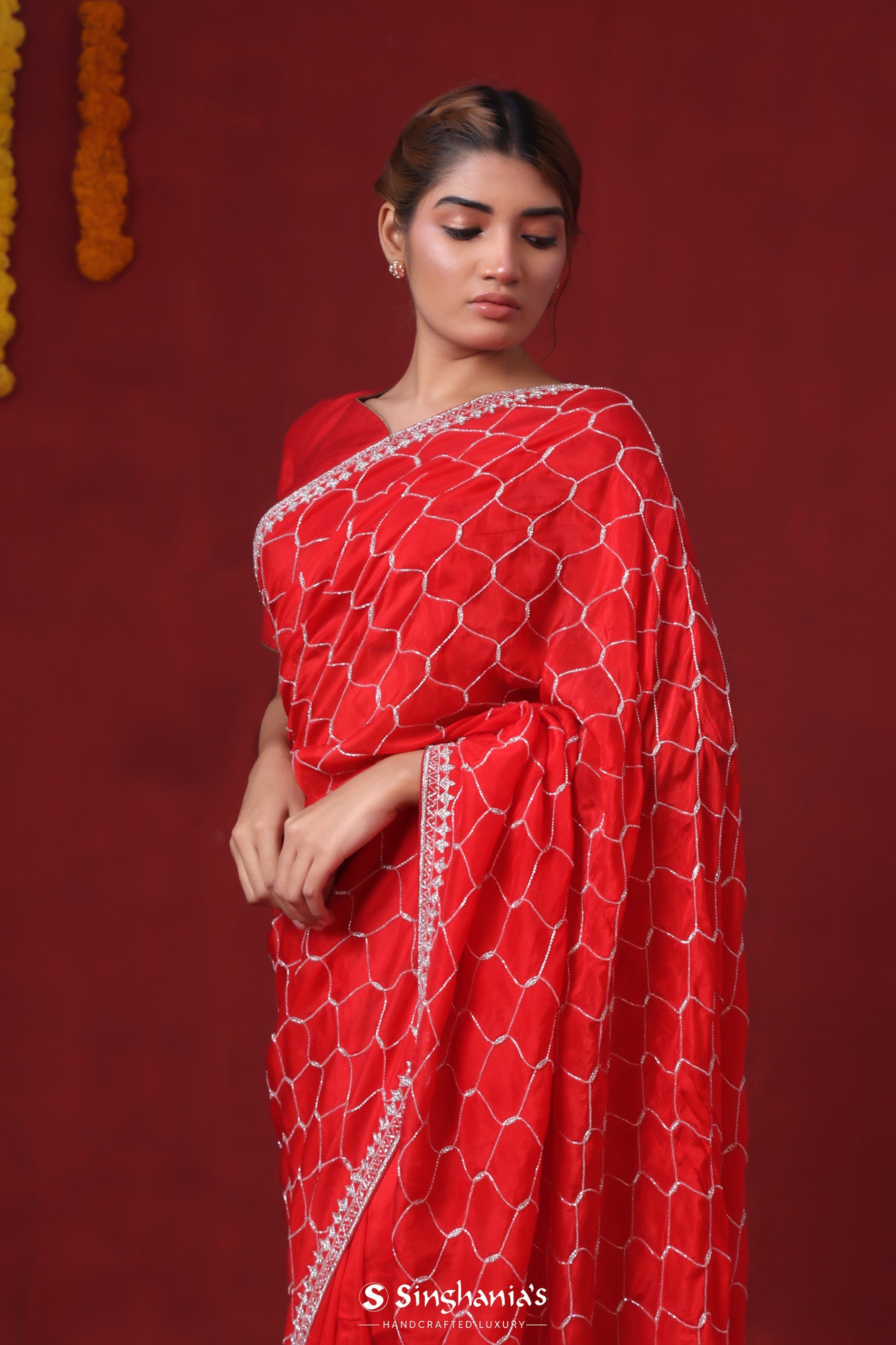 Chilli Red Organza Saree With Hand Embroidery