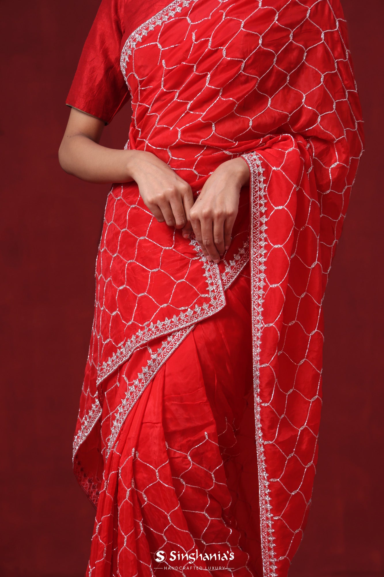 Chilli Red Organza Saree With Hand Embroidery