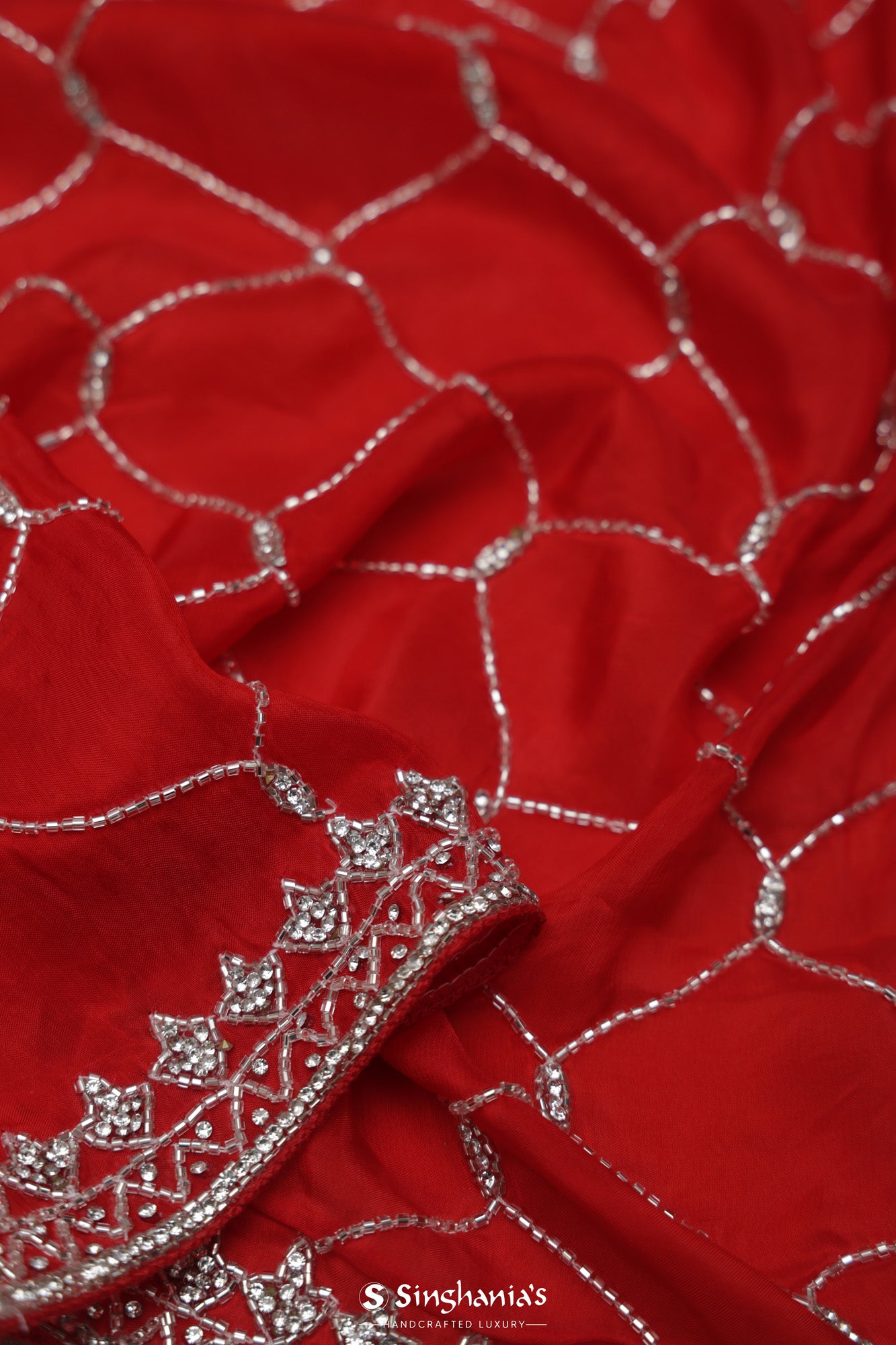 Chilli Red Organza Saree With Hand Embroidery