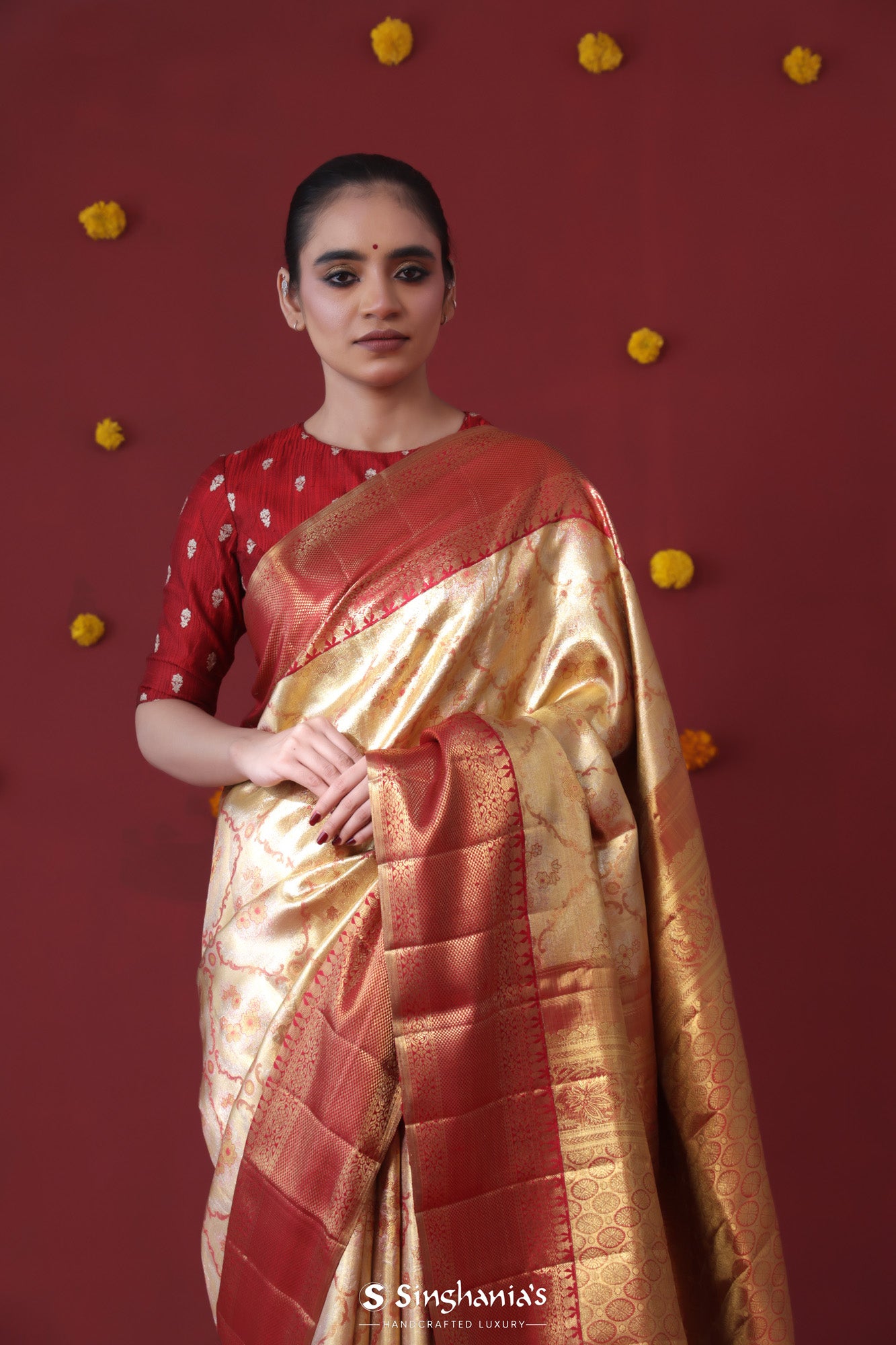 Mustard Gold Tissue Kanjivaram Saree With Floral Jaal Weaving