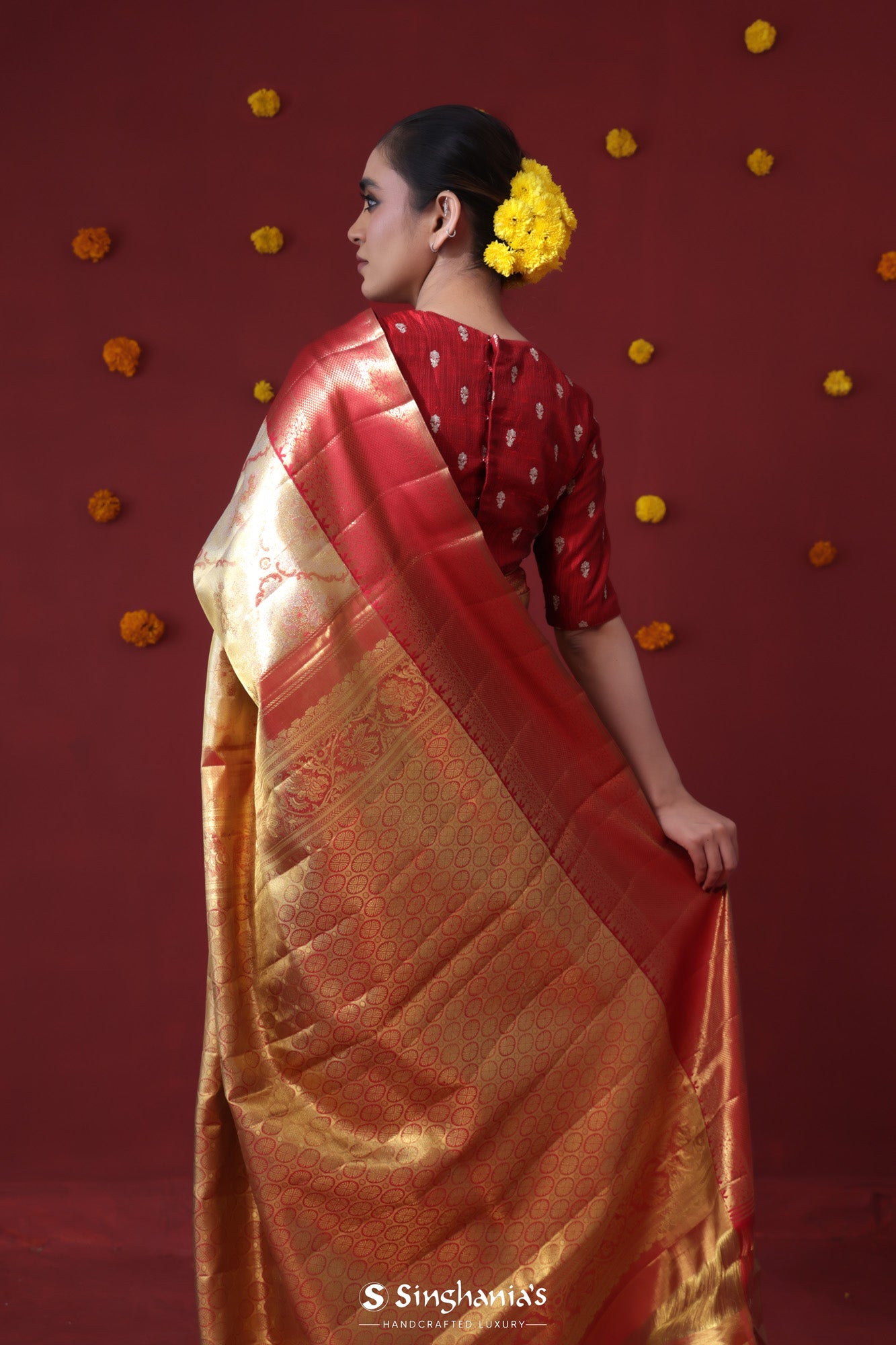 Mustard Gold Tissue Kanjivaram Saree With Floral Jaal Weaving