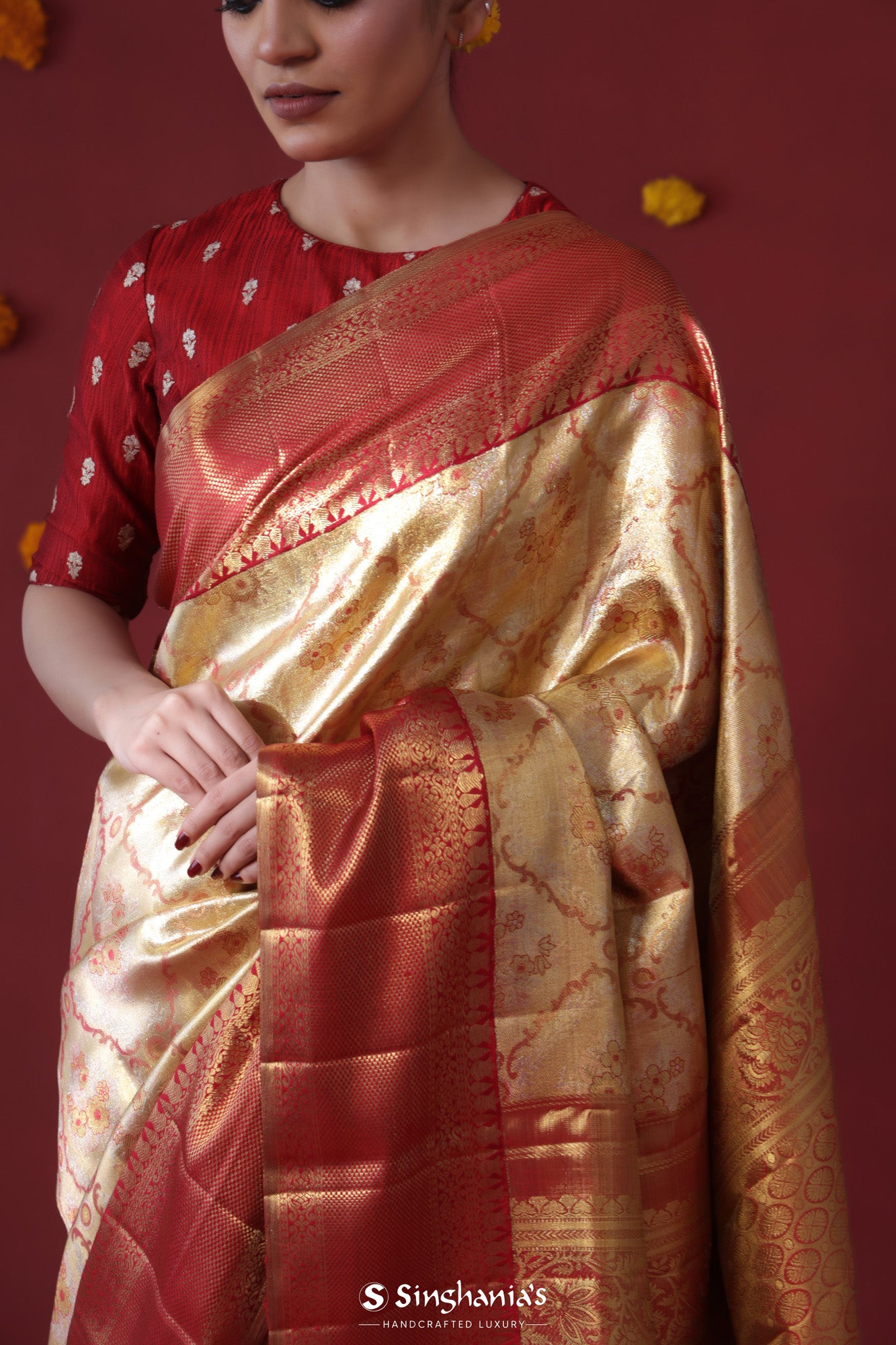 Mustard Gold Tissue Kanjivaram Saree With Floral Jaal Weaving