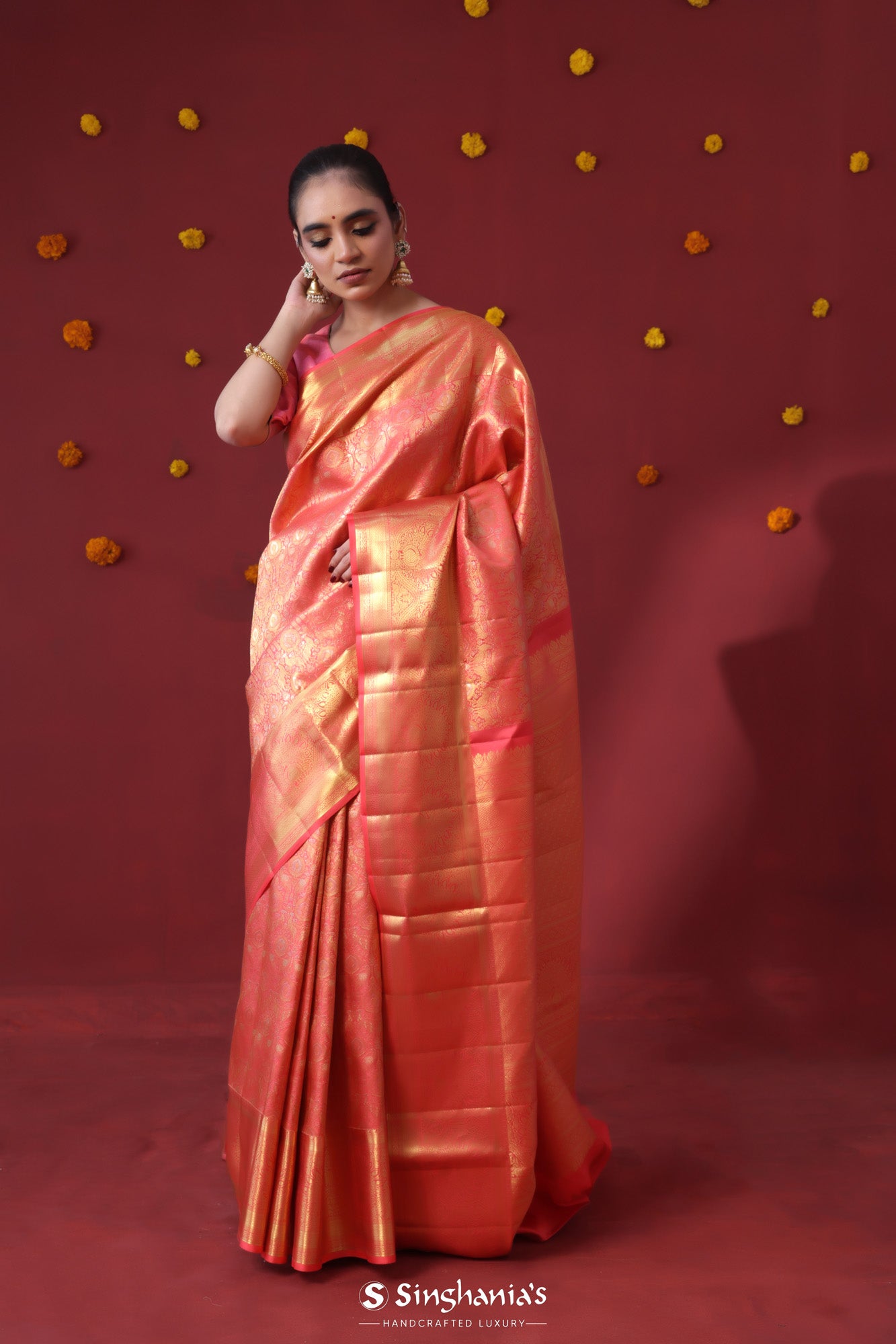 Persian Red Kanjivaram Silk Saree With Floral-Fauna Weaving