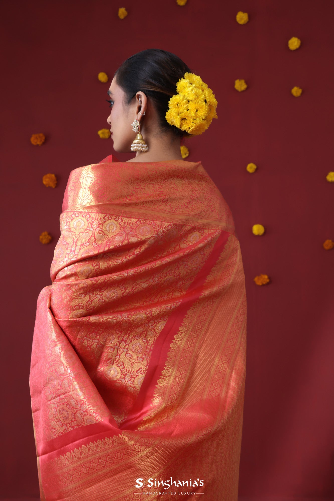 Persian Red Kanjivaram Silk Saree With Floral-Fauna Weaving